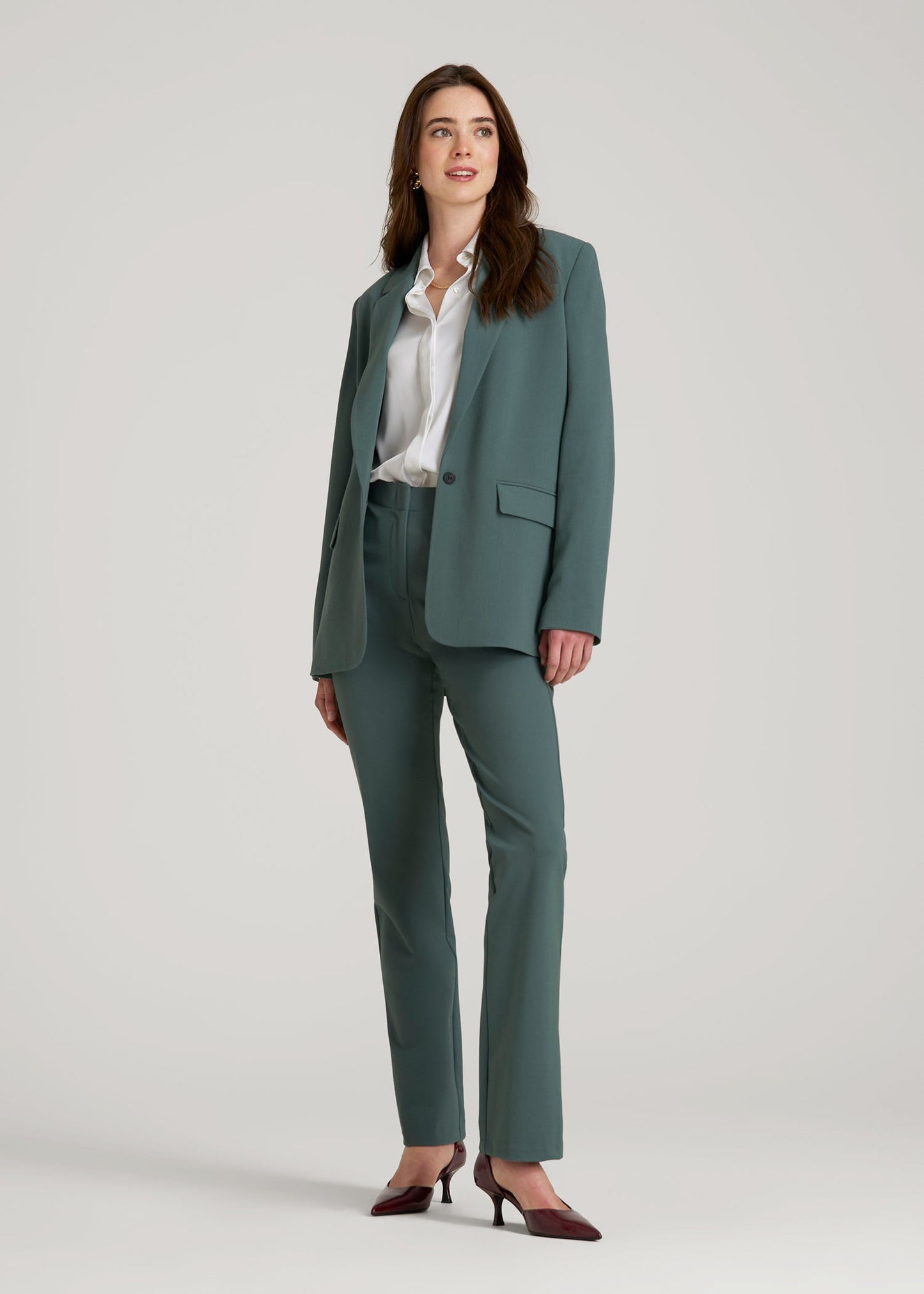 American Tall Women Boyfriend Fit Single-Button Blazer for Tall Women in Balsam Green