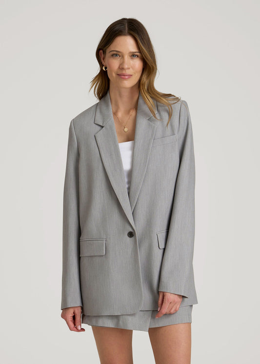 American Tall Women|Men Boyfriend Fit Single-Button Blazer for Tall Women in Ash Grey Mix