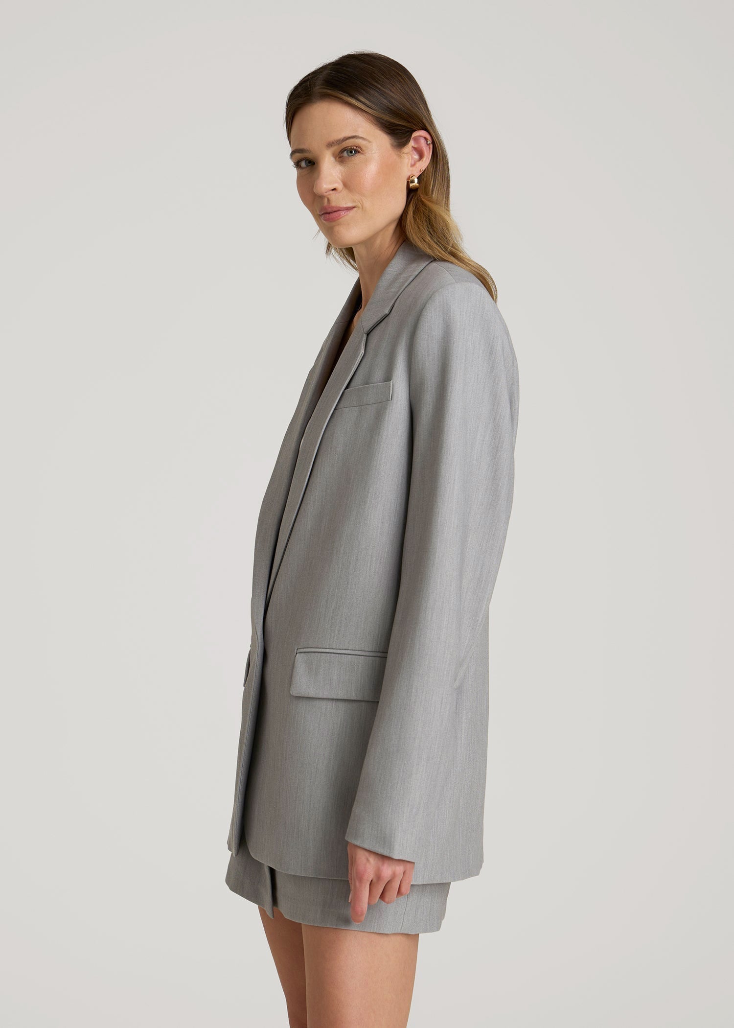 American Tall Women|Men Boyfriend Fit Single-Button Blazer for Tall Women in Ash Grey Mix