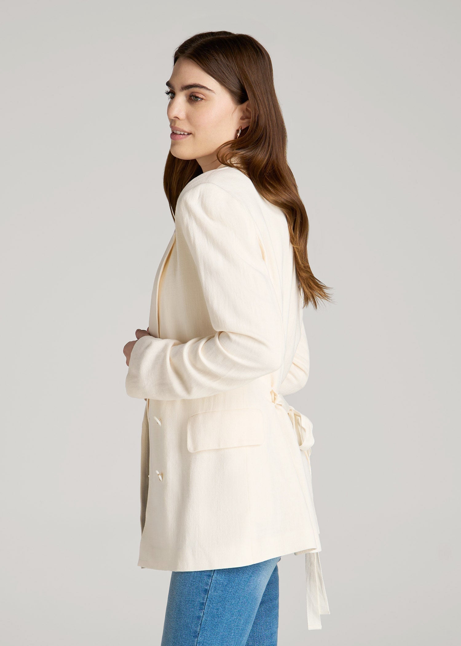 American Tall Women|Men Linen Blend Tie Back Blazer For Tall Women in White Alyssum