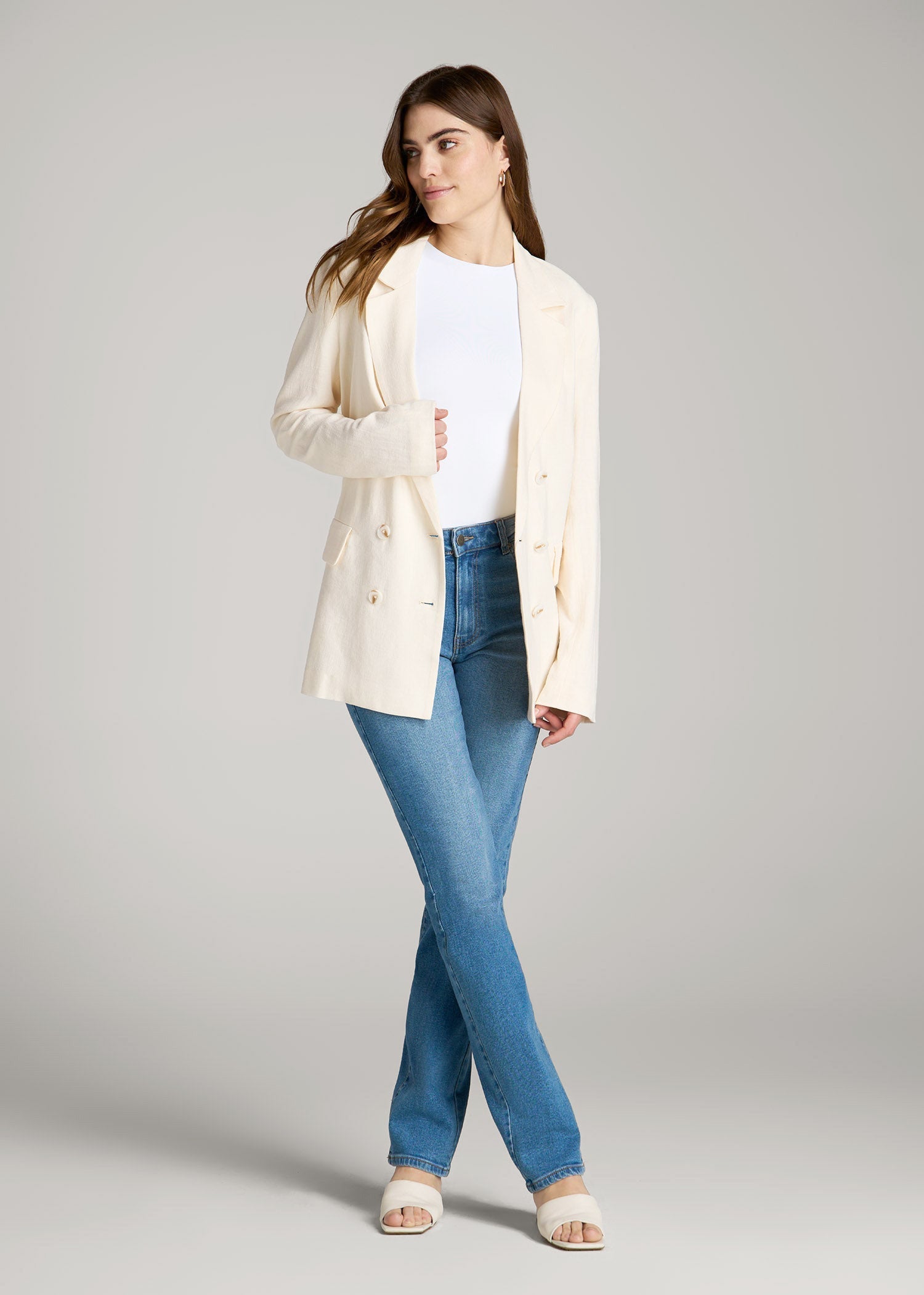 American Tall Women|Men Linen Blend Tie Back Blazer For Tall Women in White Alyssum