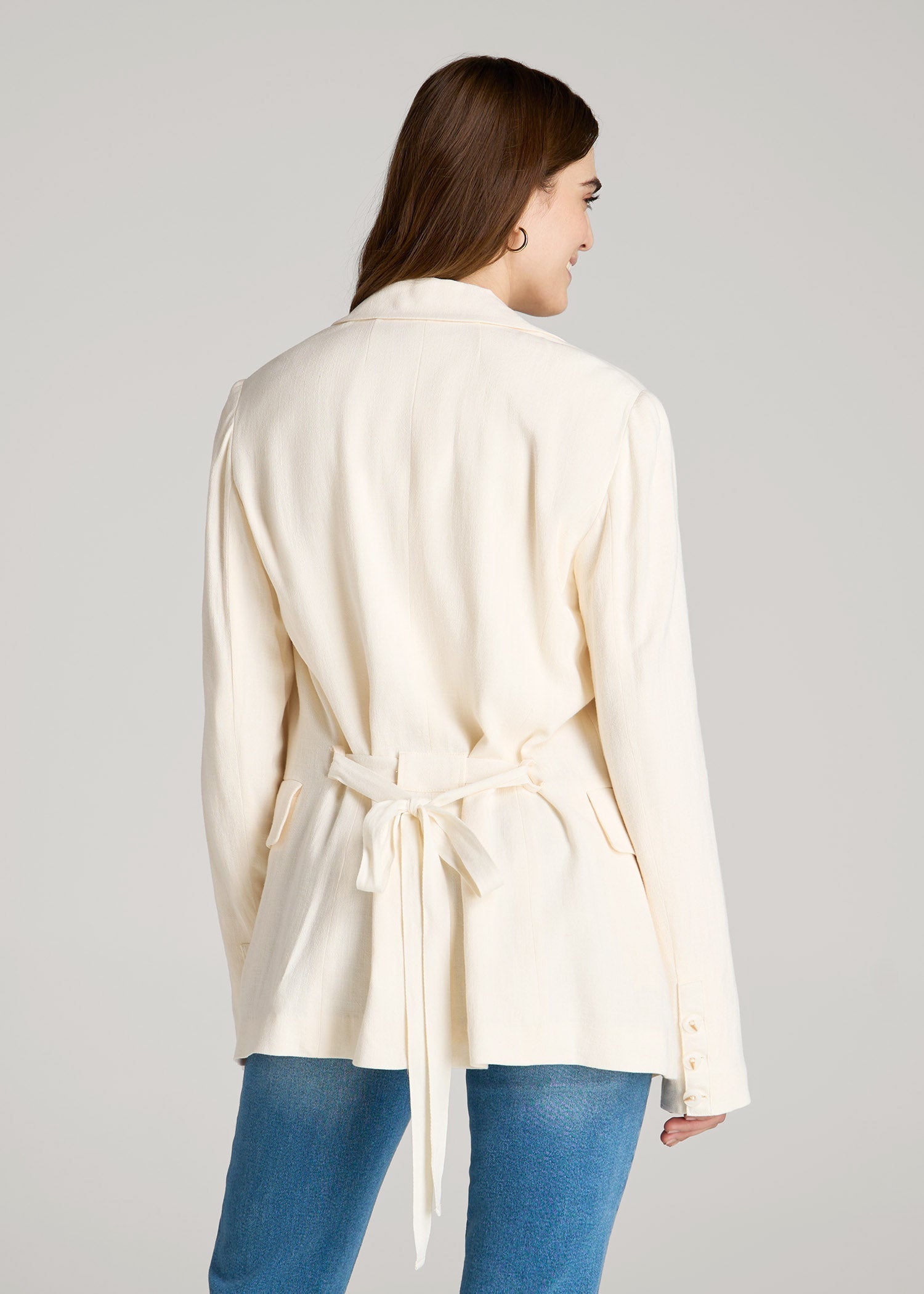 American Tall Women|Men Linen Blend Tie Back Blazer For Tall Women in White Alyssum