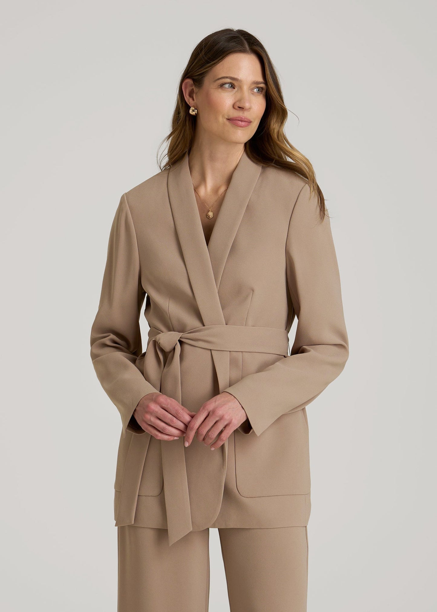 American Tall Women|Men Crepe Wrap Blazer for Tall Women in Dark Sand