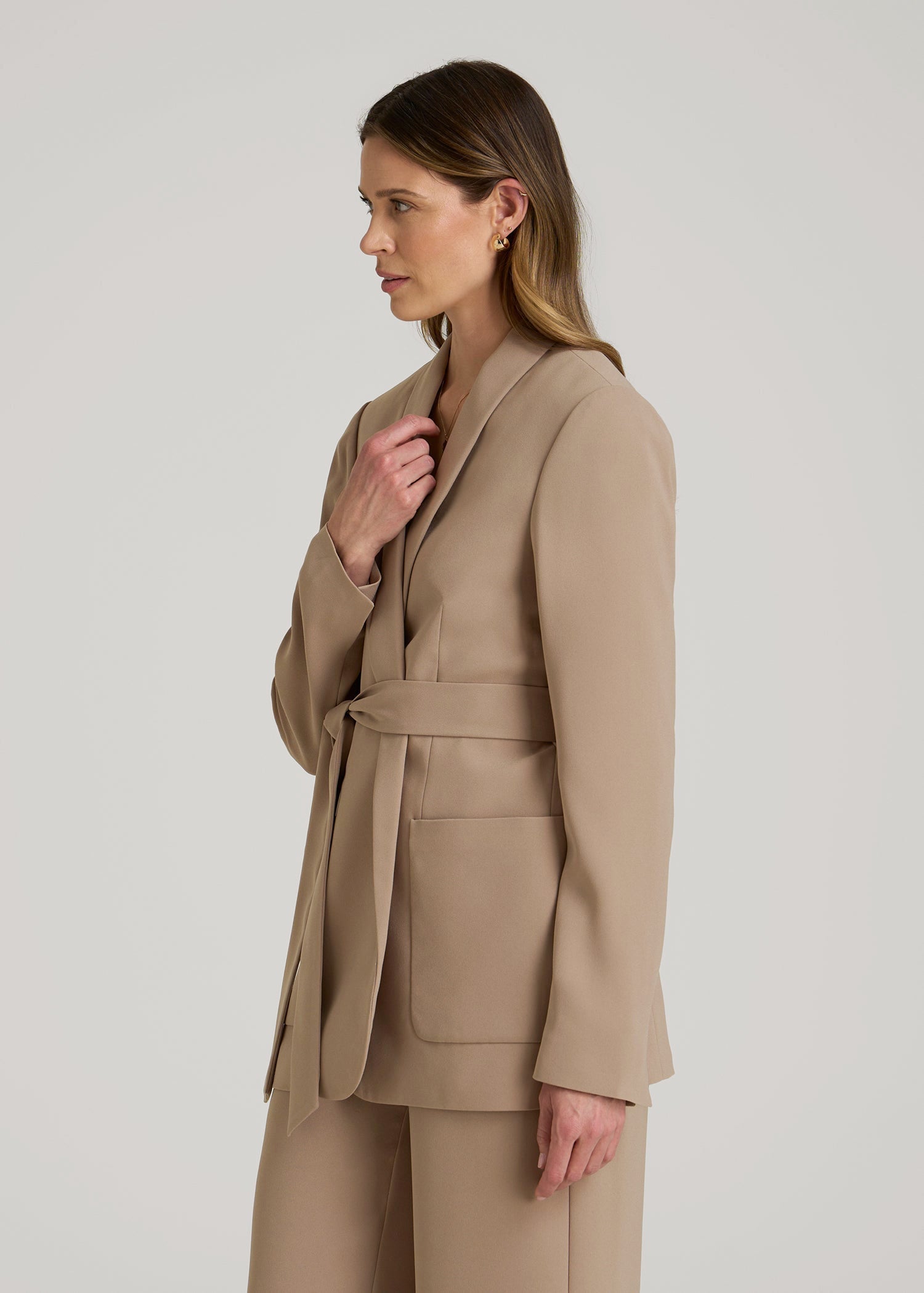American Tall Women|Men Crepe Wrap Blazer for Tall Women in Dark Sand