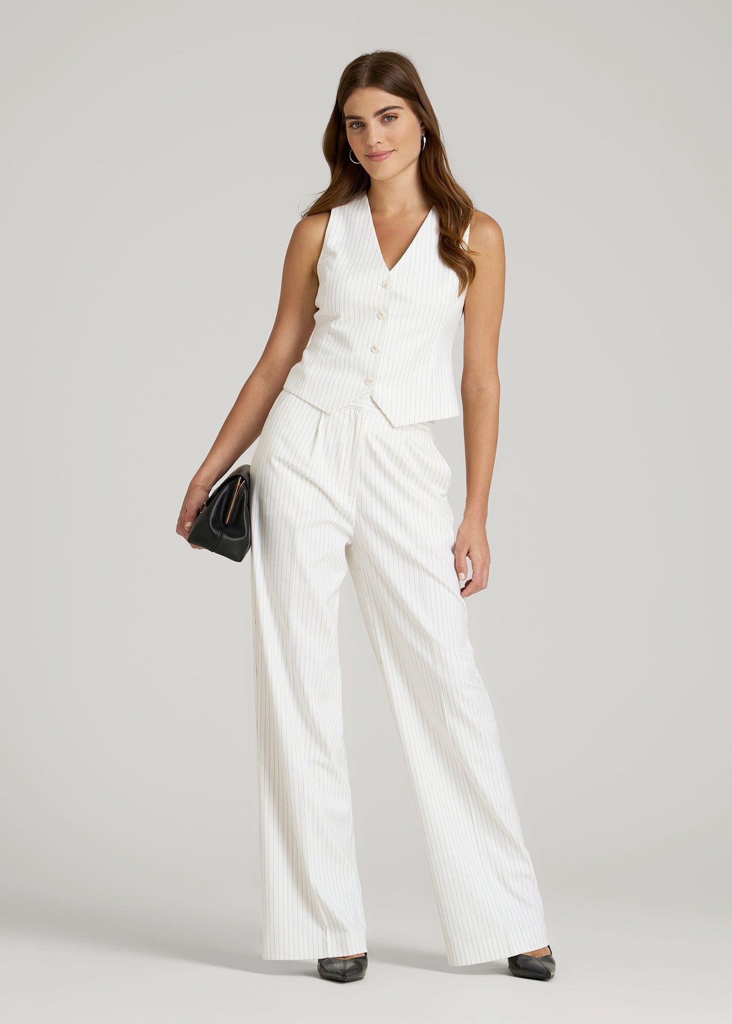 American Tall Women|Men Tailored Vest for Tall Women in Off White Pinstripe