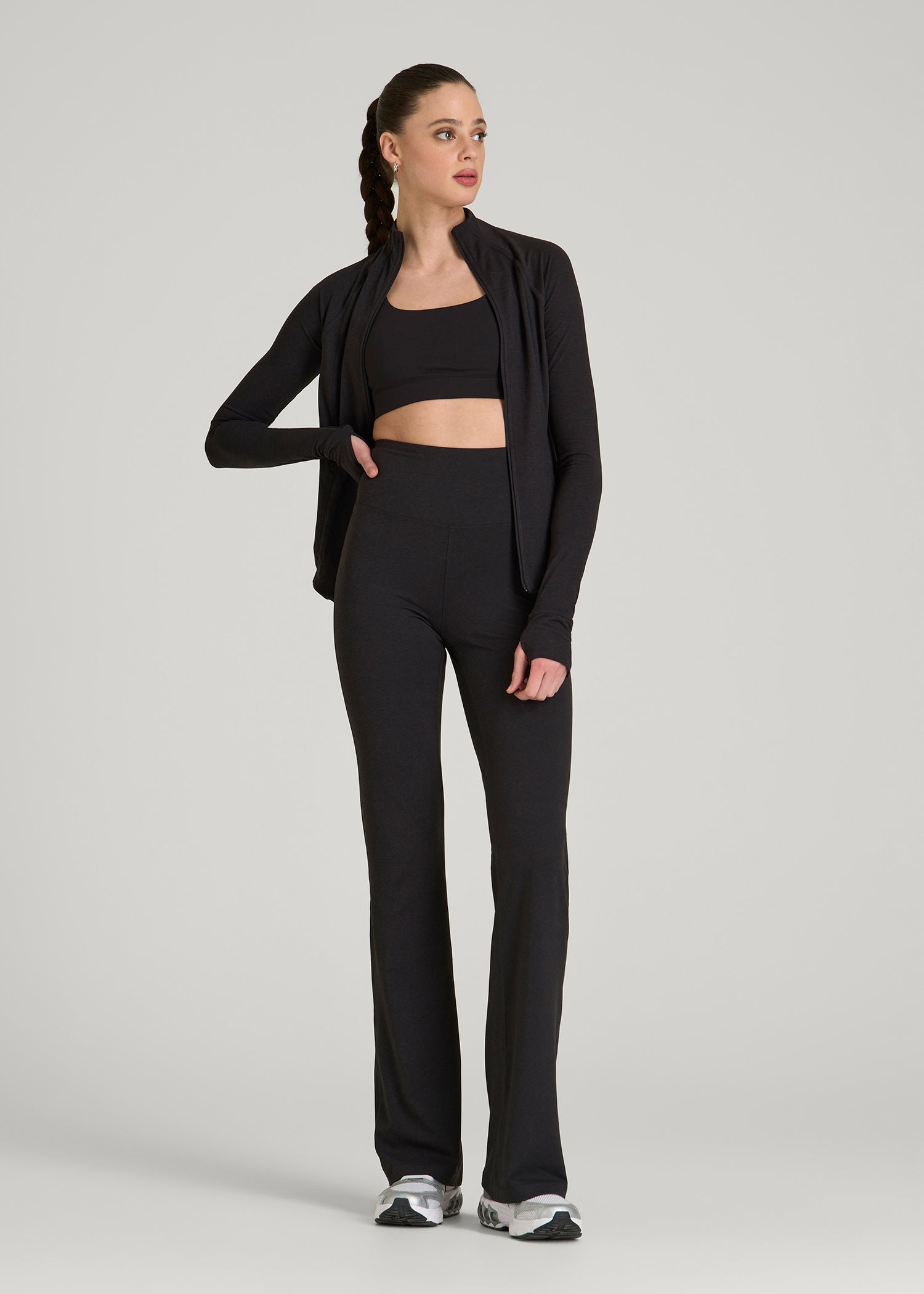 American Tall Women Ultra Soft High Rise Flare Yoga Pants for Tall Women in Black Mix