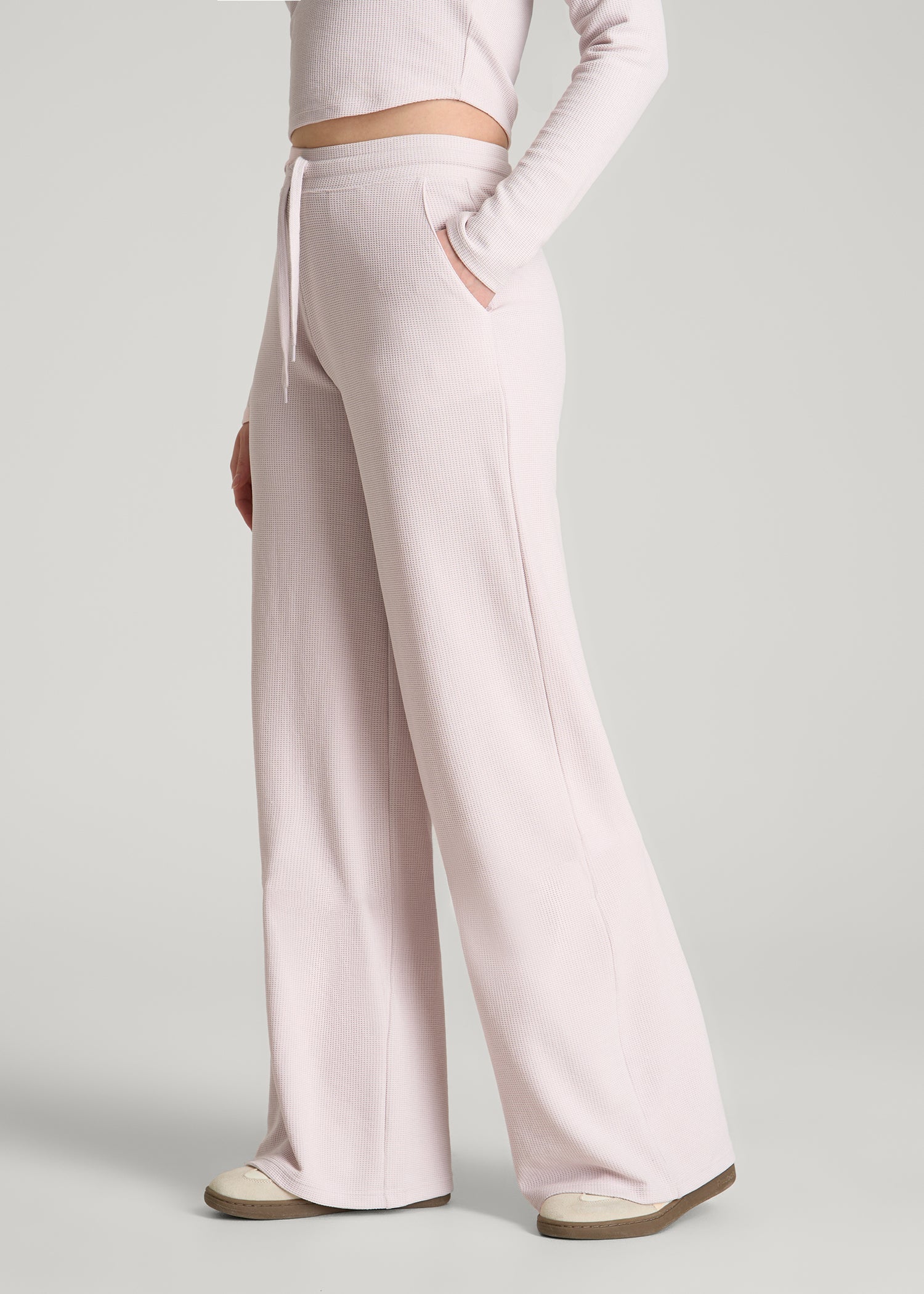 American Tall Women Mid Rise Waffle Wide Leg Pant for Tall Women in Grey Lilac