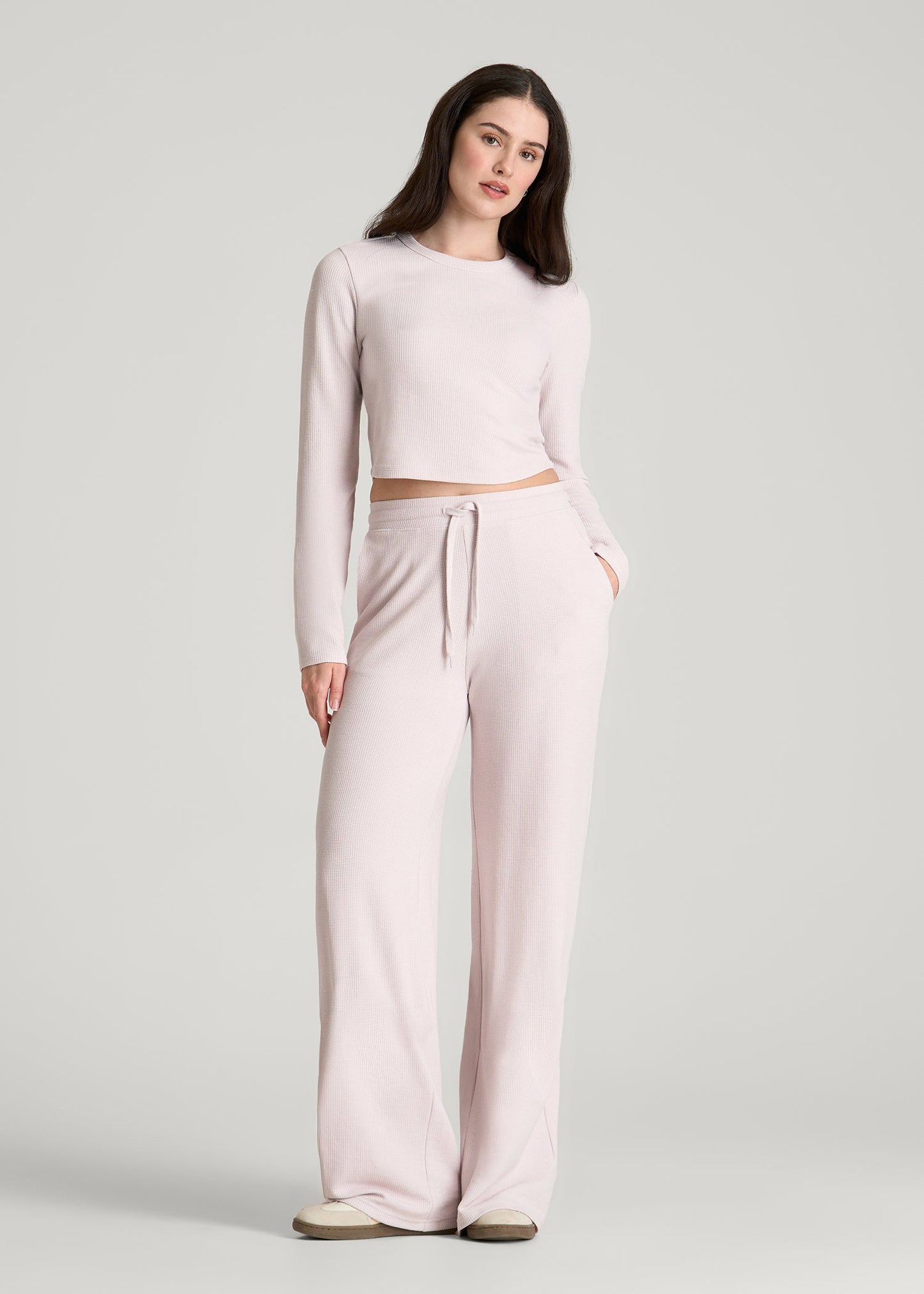 American Tall Women Mid Rise Waffle Wide Leg Pant for Tall Women in Grey Lilac