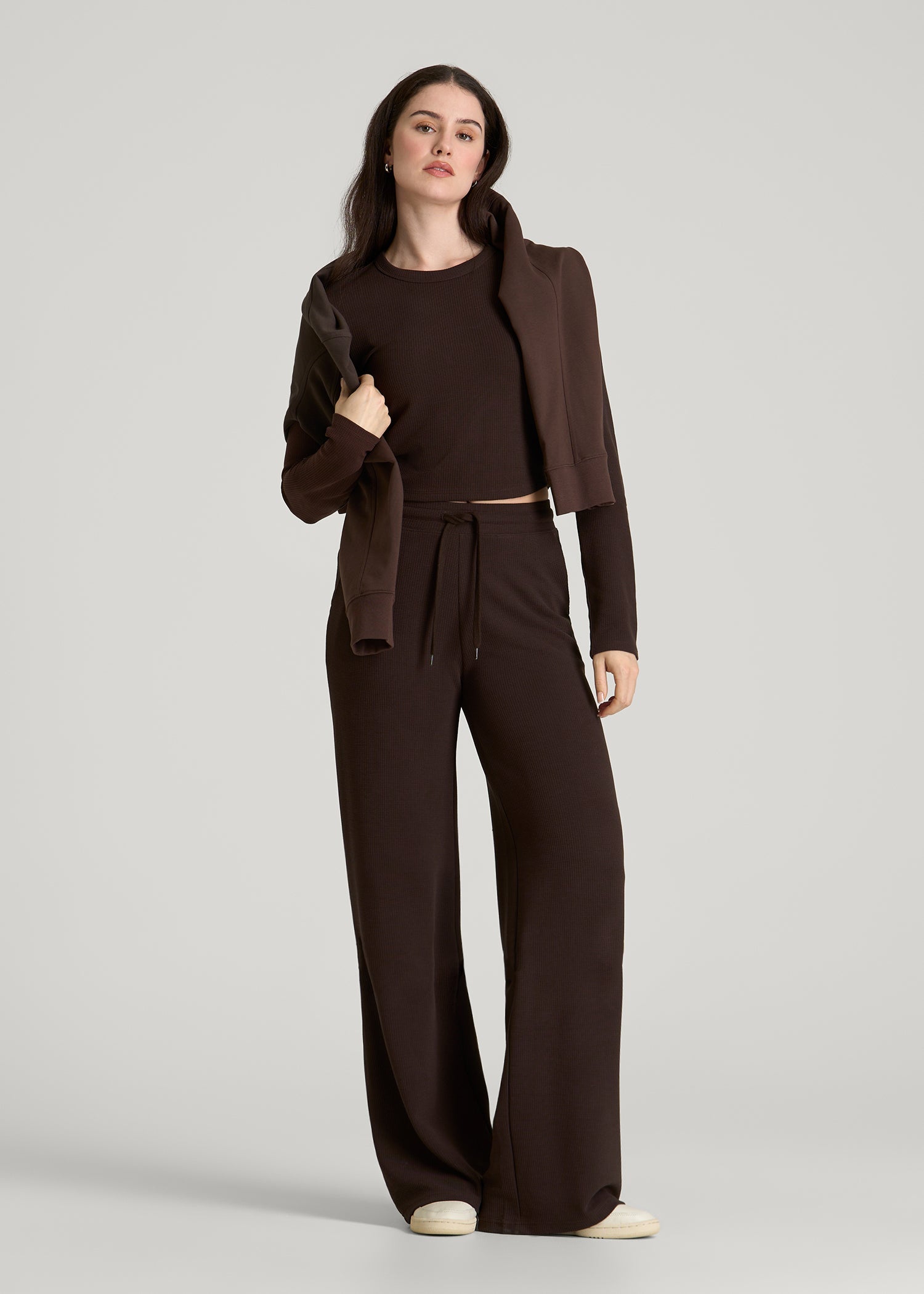 American Tall Women Mid Rise Waffle Wide Leg Pant for Tall Women in Espresso