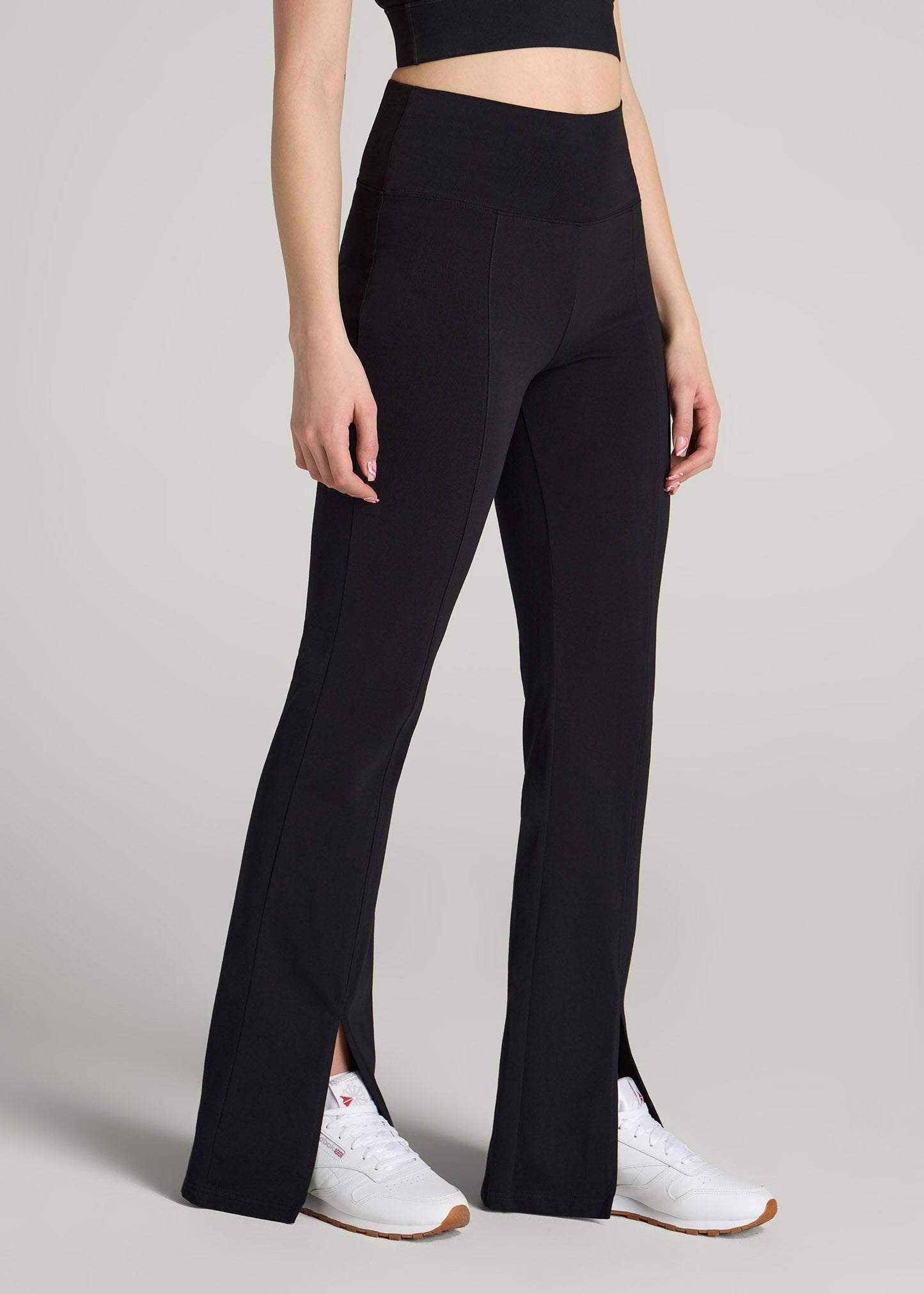 American Tall Women High Rise Split Flare Cotton Leggings for Tall Women in Black