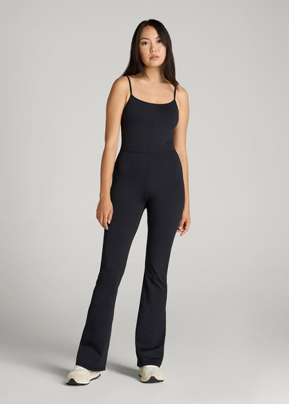 American Tall Women Spaghetti Strap Flare Jumpsuit for Tall Women in Black