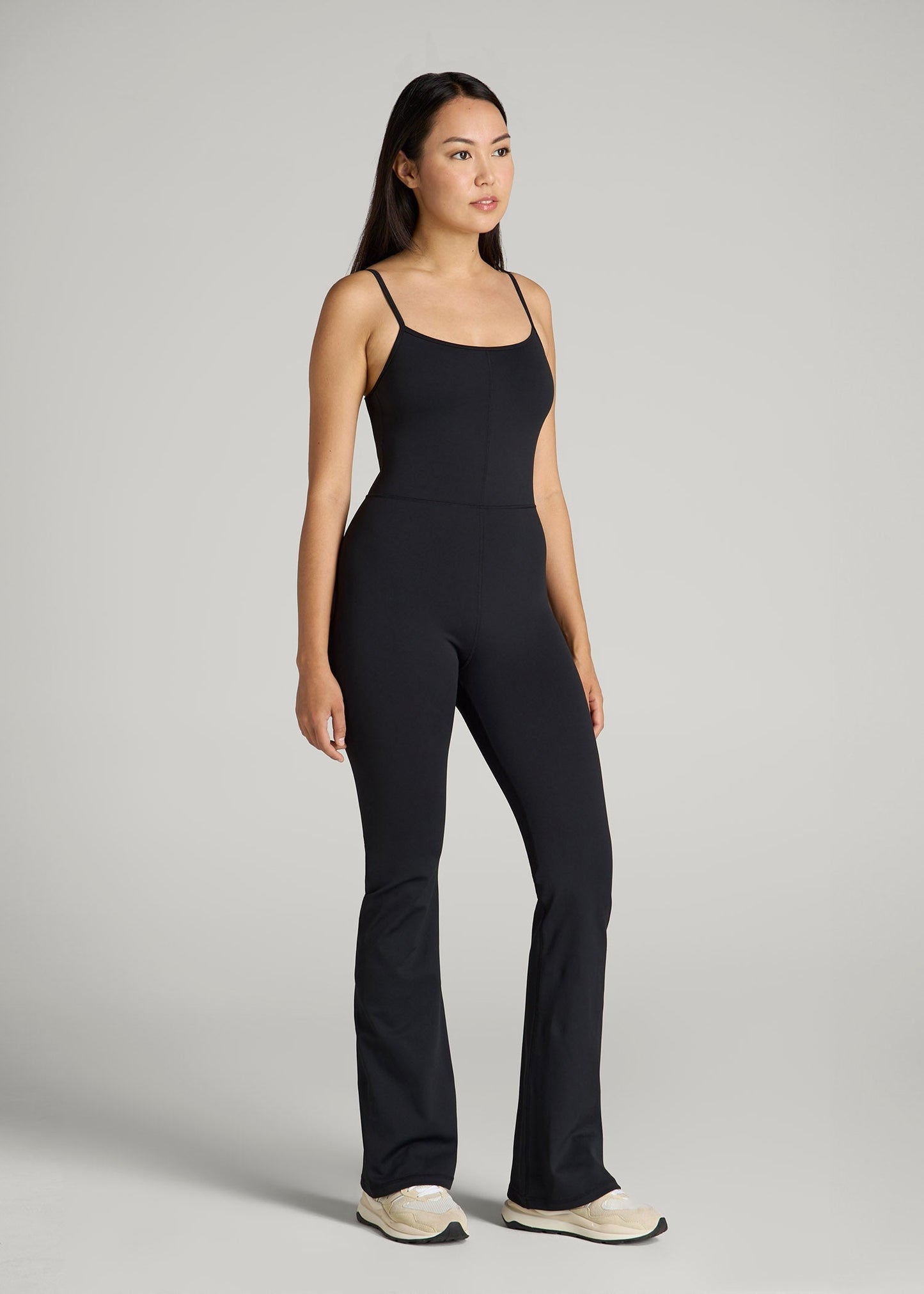 American Tall Women Spaghetti Strap Flare Jumpsuit for Tall Women in Black