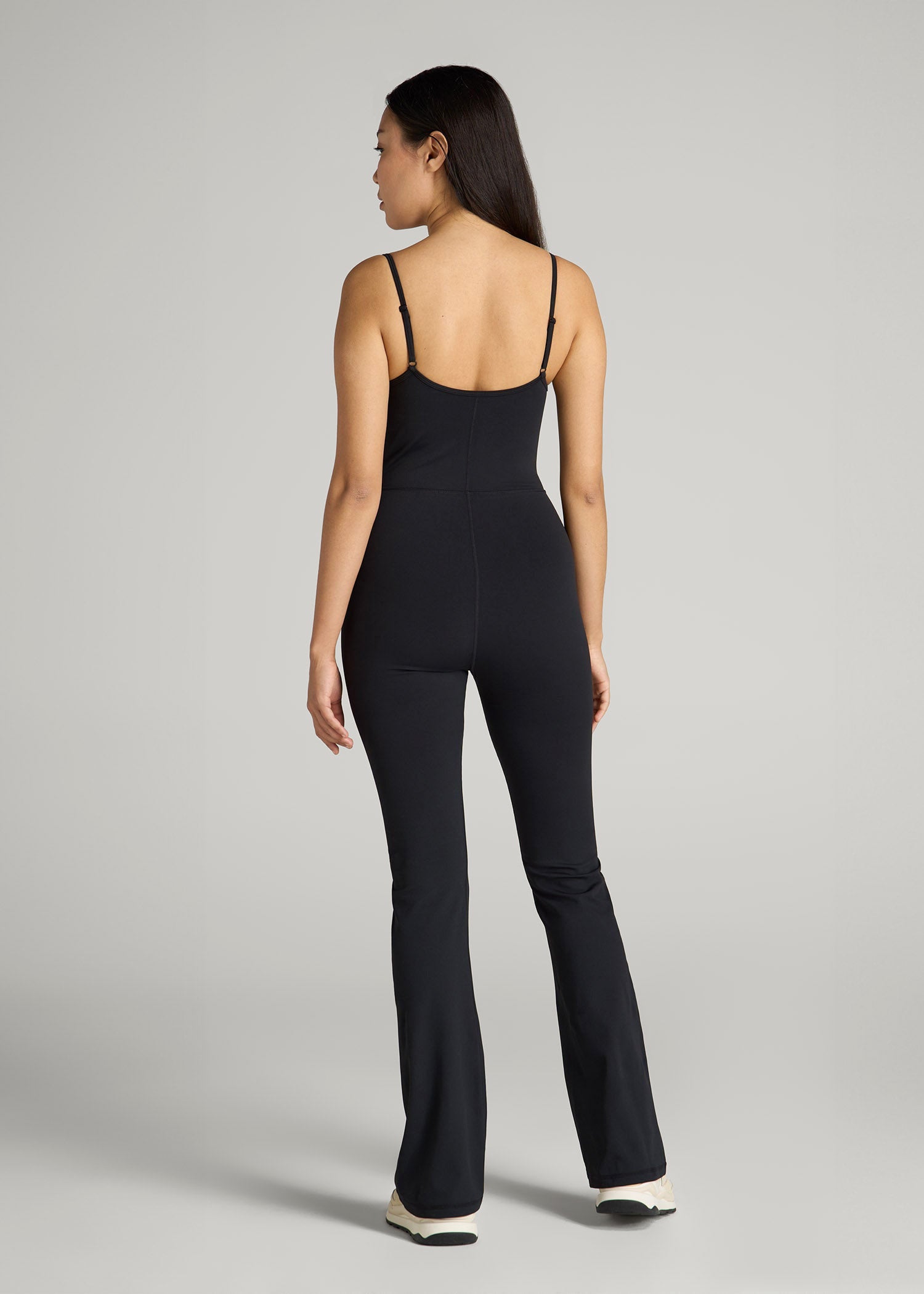 American Tall Women Spaghetti Strap Flare Jumpsuit for Tall Women in Black
