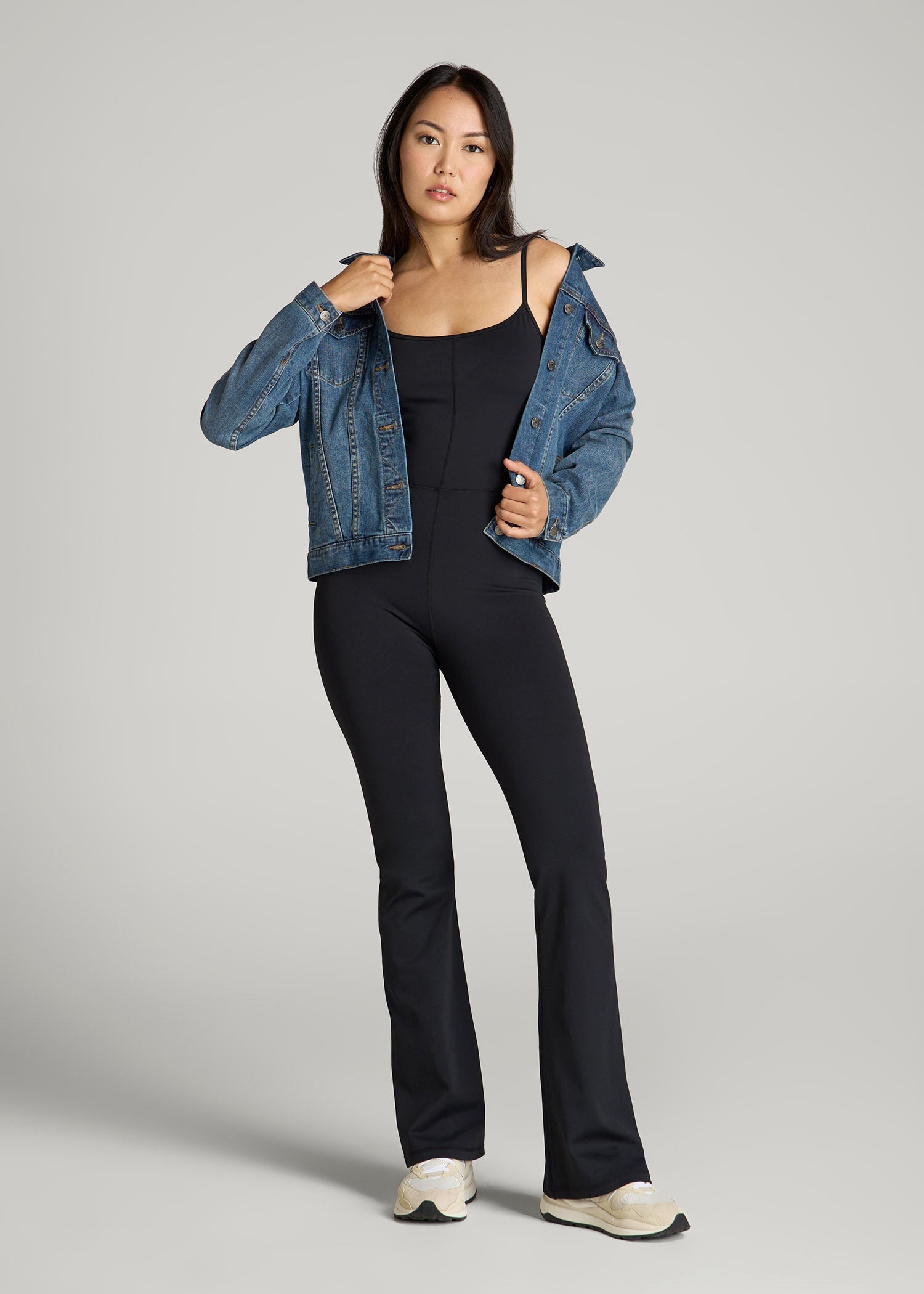 American Tall Women Spaghetti Strap Flare Jumpsuit for Tall Women in Black