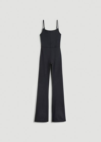 American Tall Women Spaghetti Strap Flare Jumpsuit for Tall Women in Black
