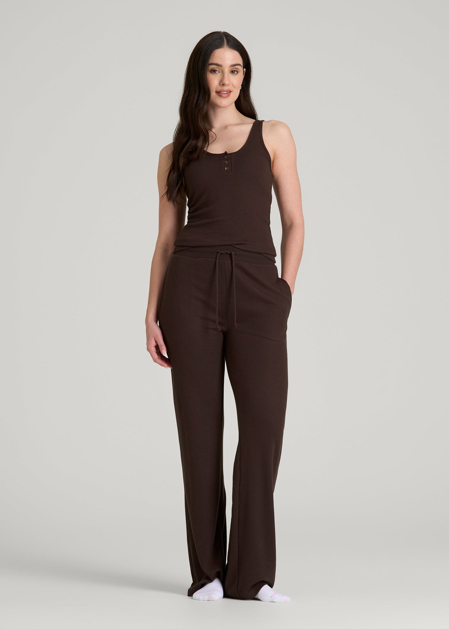 American Tall Women Open-Bottom Waffle Lounge Pants for Tall Women in Espresso