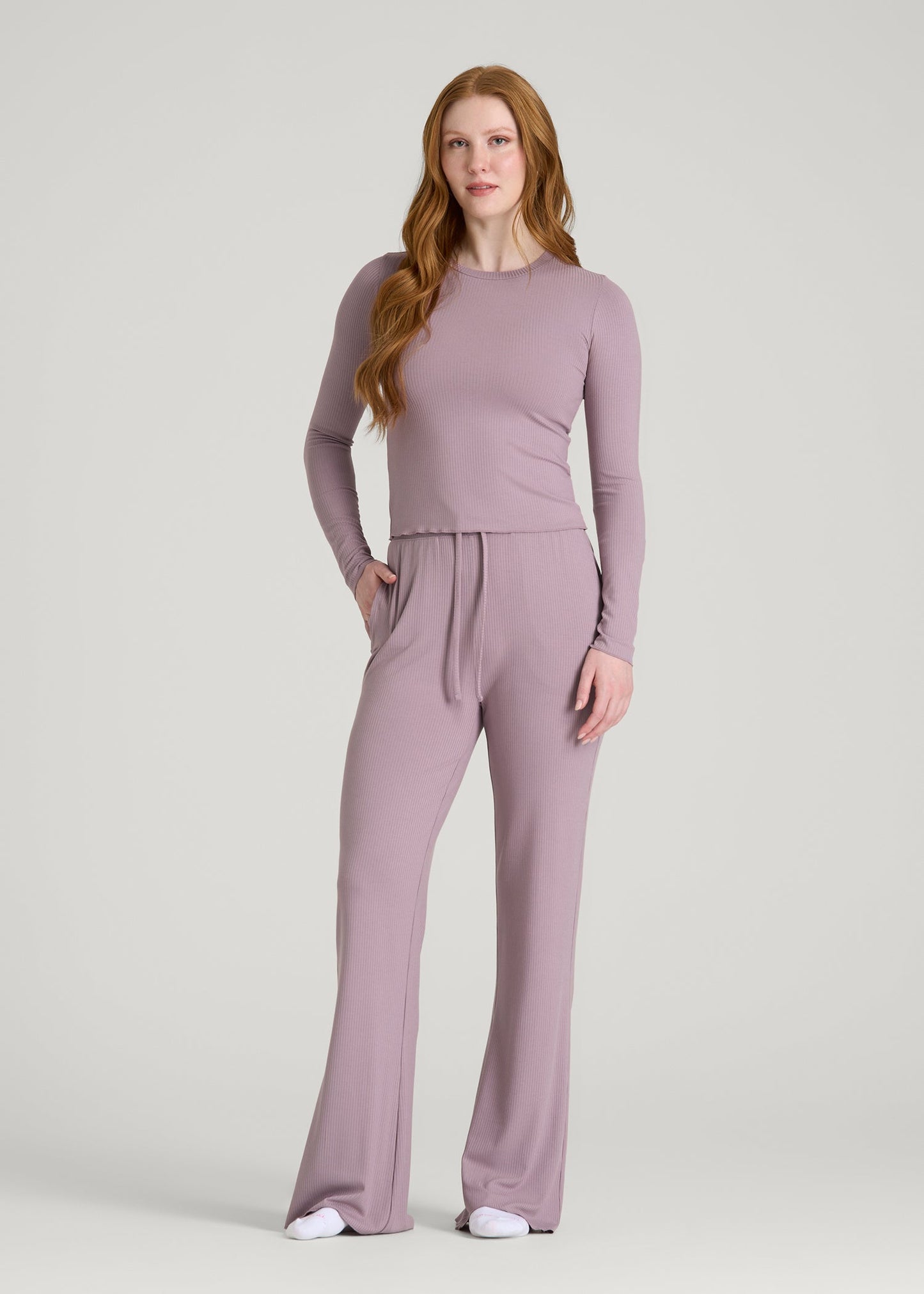 American Tall Women Ribbed Flare Pants for Tall Women in Smoked Mauve