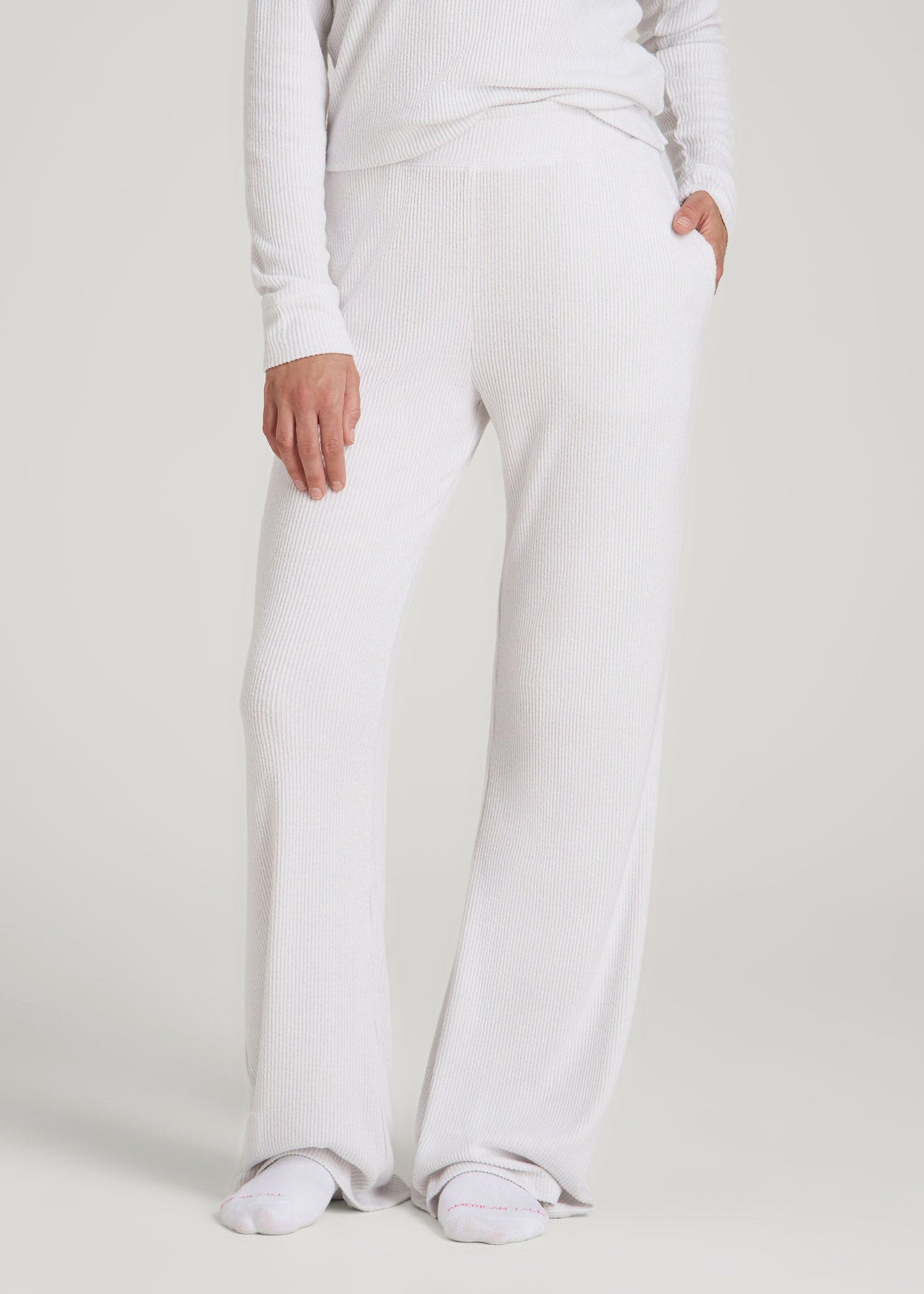 American Tall Women Ribbed Flare Lounge Pants for Tall Women in Cloud White