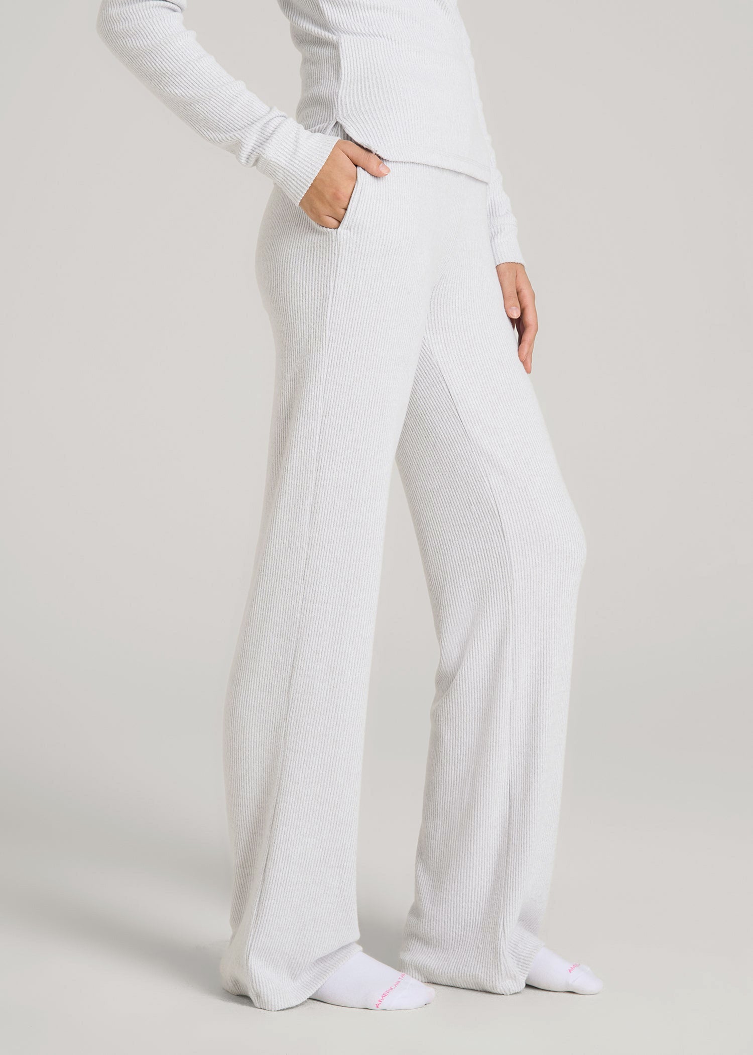 American Tall Women Women's Ribbed Flare Lounge Pants for Tall Women in Fog Grey Mix
