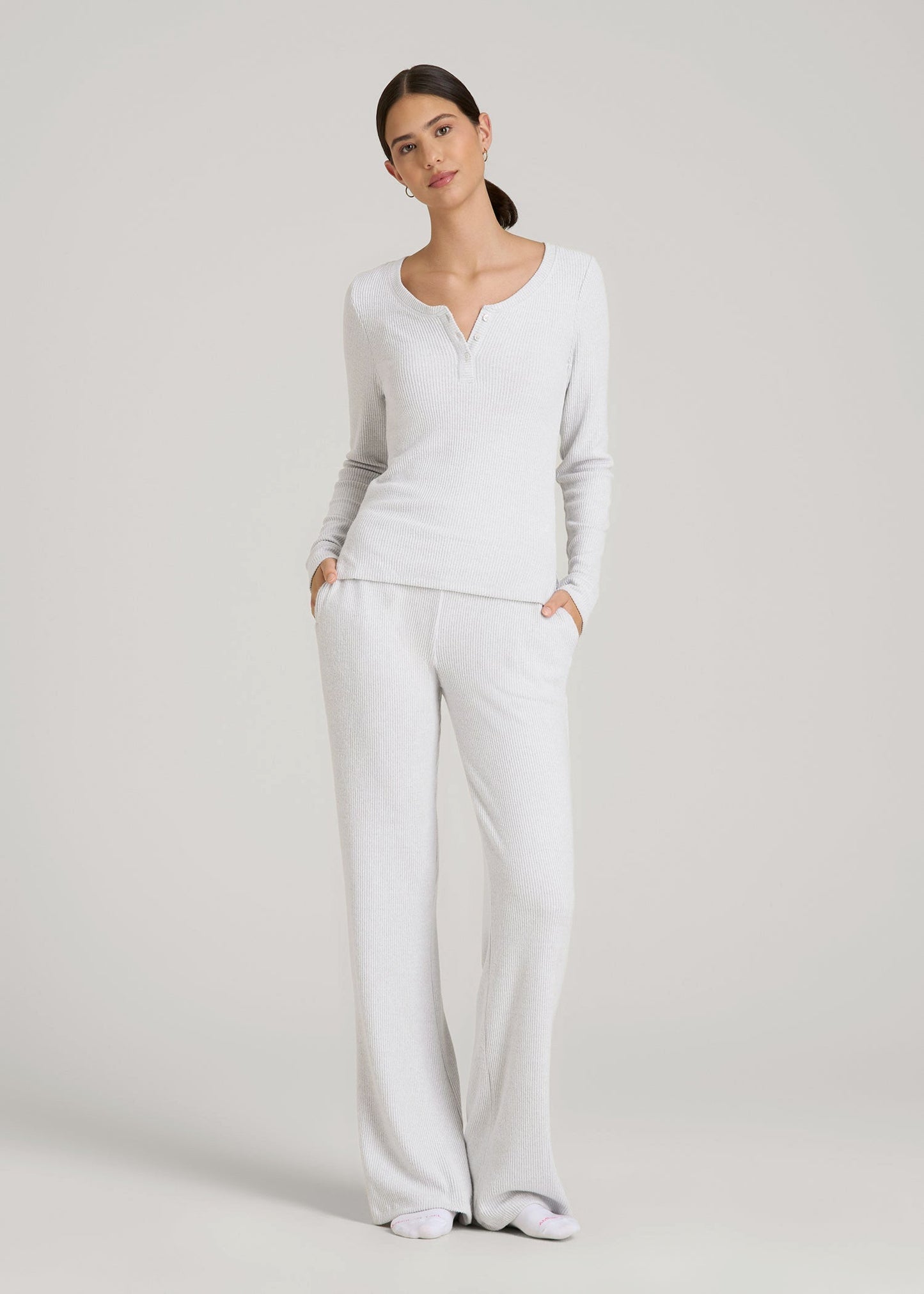 American Tall Women Women's Ribbed Flare Lounge Pants for Tall Women in Fog Grey Mix