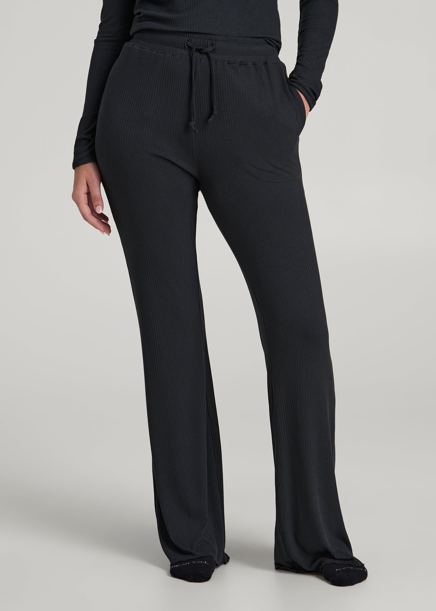 American Tall Women Ribbed Flare Pants for Tall Women in Black