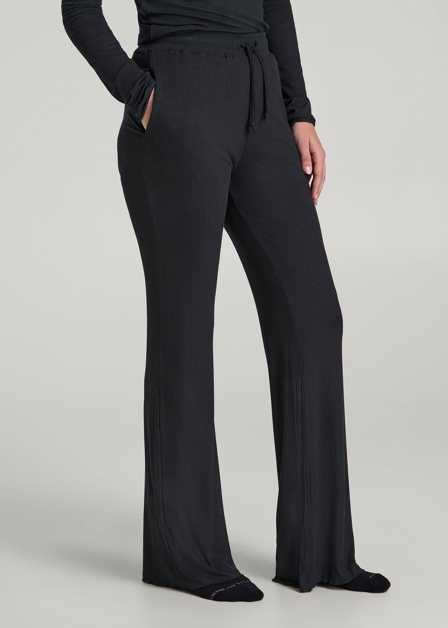 American Tall Women Ribbed Flare Pants for Tall Women in Black