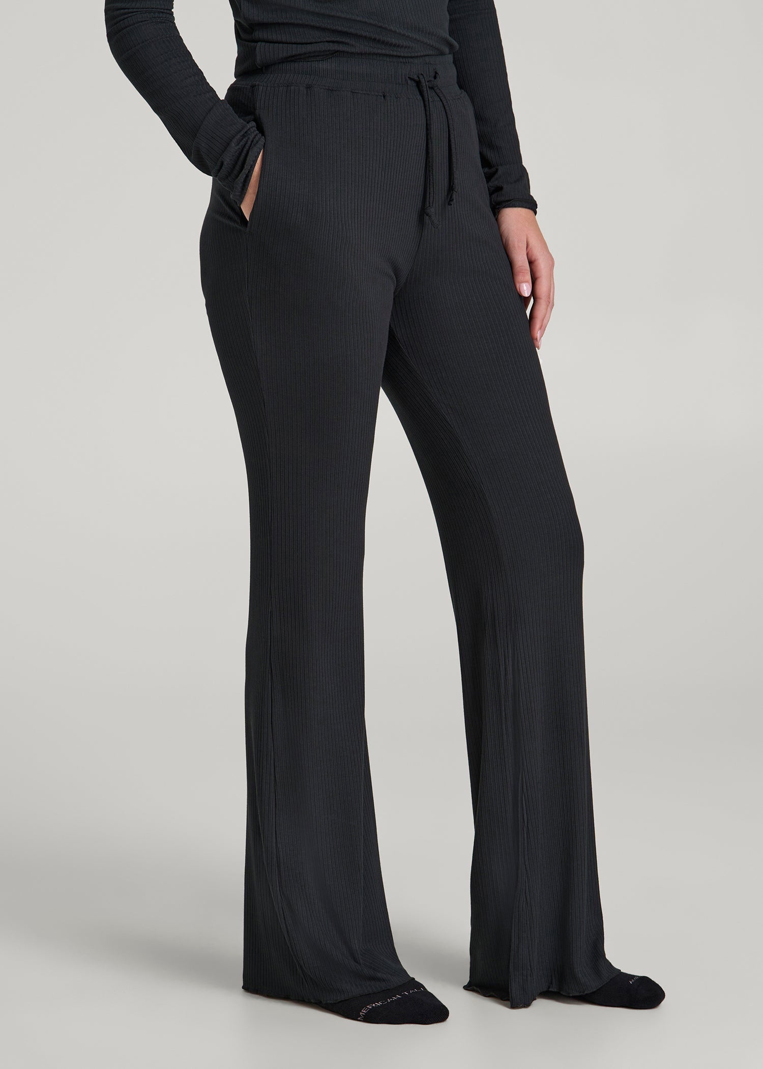 American Tall Women Ribbed Flare Pants for Tall Women in Black