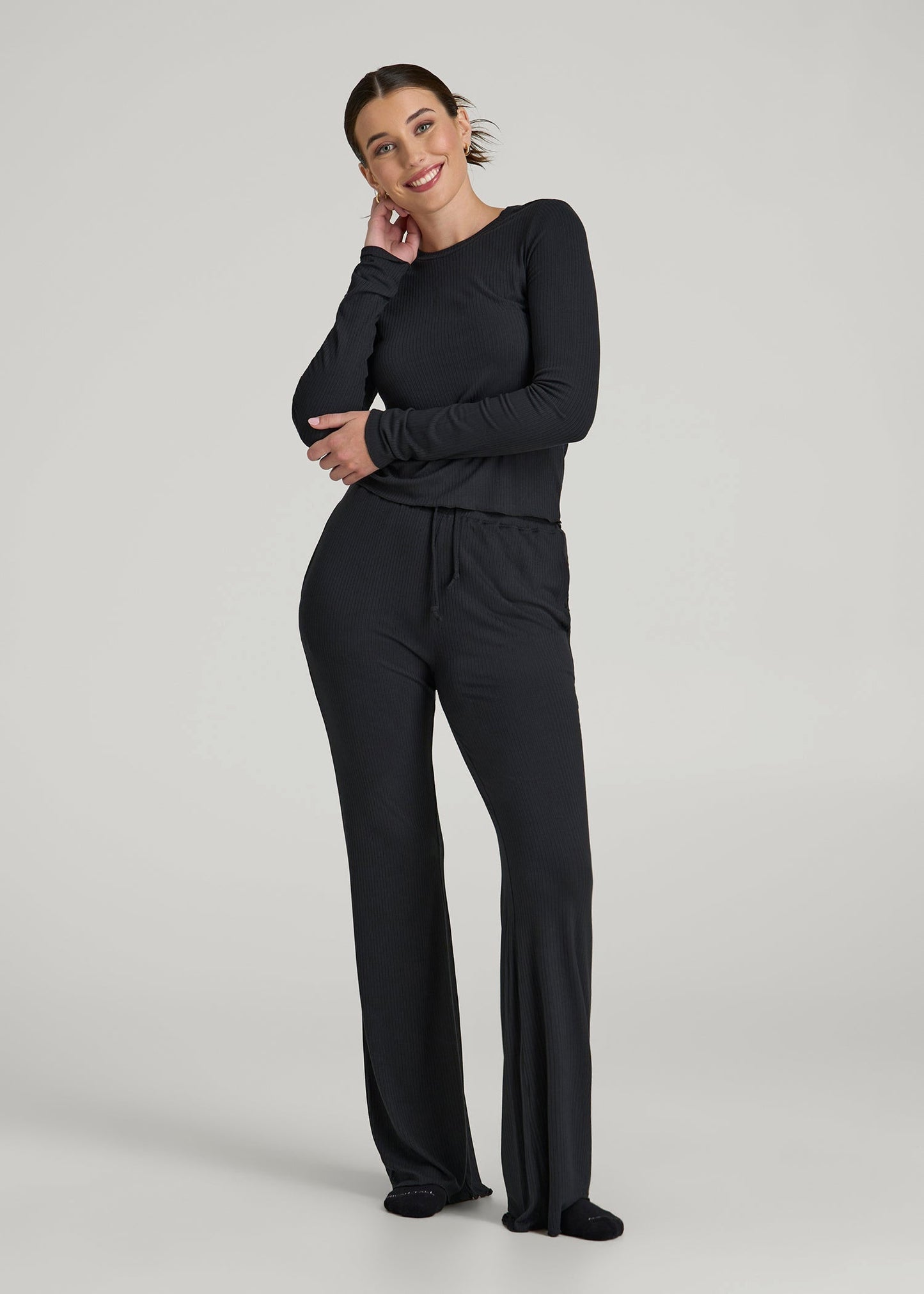 American Tall Women Ribbed Flare Pants for Tall Women in Black
