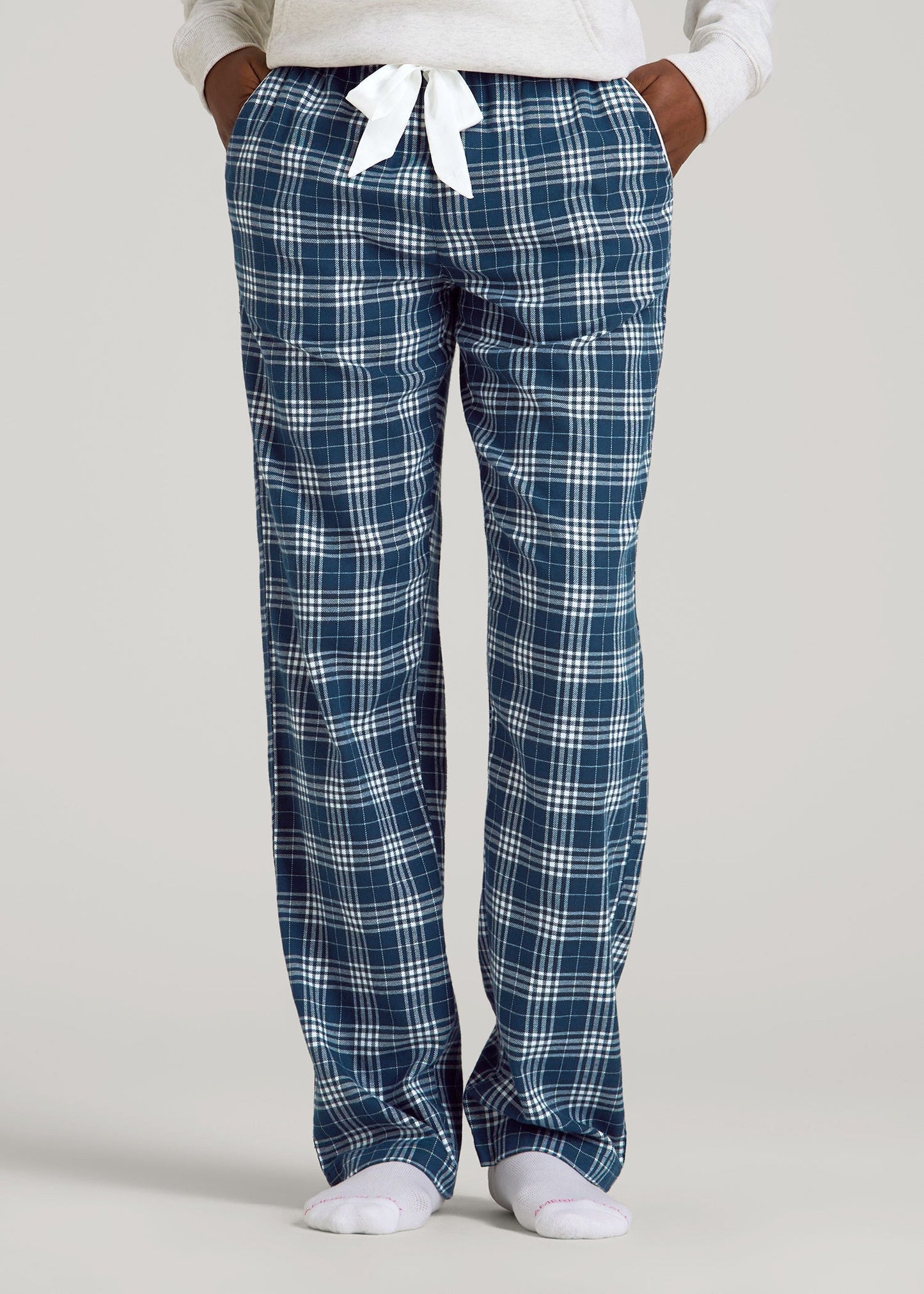 American Tall Women Tie Waist Flannel Pajama Pants for Tall Women in Navy and White Plaid