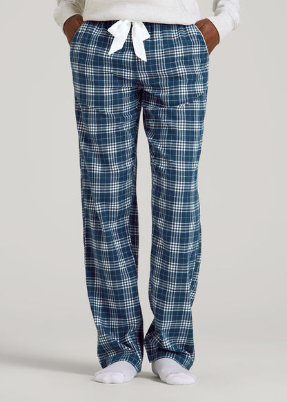 American Tall Women Tie Waist Flannel Pajama Pants for Tall Women in Navy and White Plaid