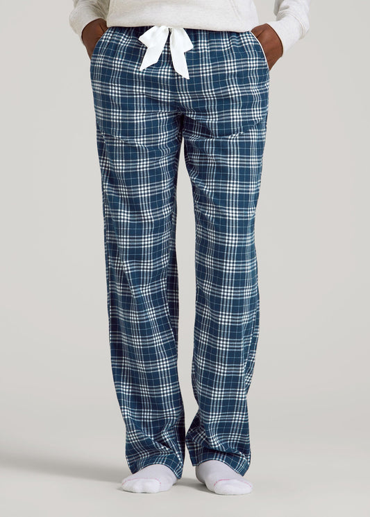 American Tall Women Tie Waist Flannel Pajama Pants for Tall Women in Navy and White Plaid