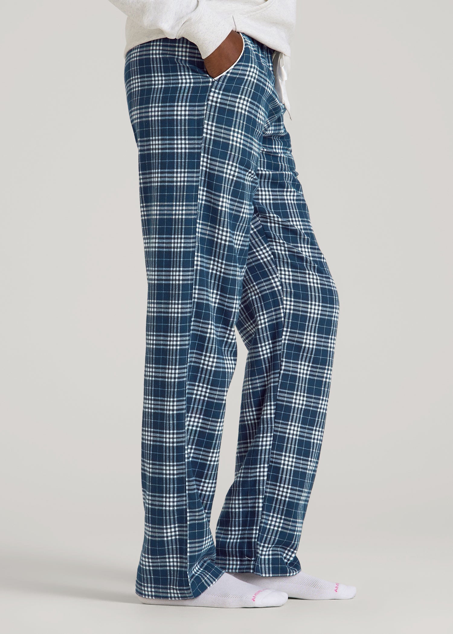 American Tall Women Tie Waist Flannel Pajama Pants for Tall Women in Navy and White Plaid