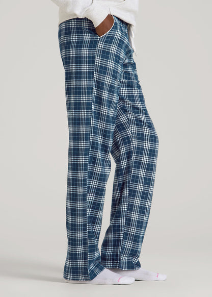 American Tall Women Tie Waist Flannel Pajama Pants for Tall Women in Navy and White Plaid