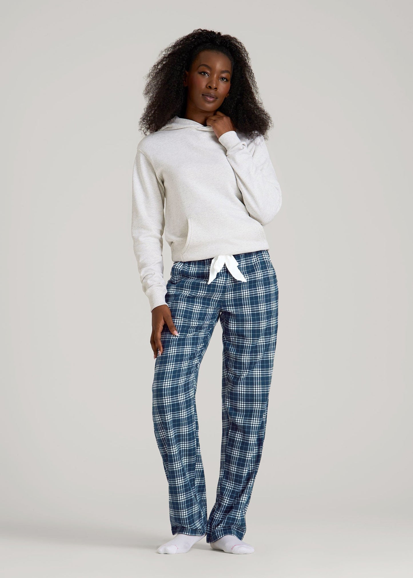 American Tall Women Tie Waist Flannel Pajama Pants for Tall Women in Navy and White Plaid