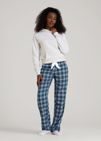 American Tall Women Tie Waist Flannel Pajama Pants for Tall Women in Navy and White Plaid