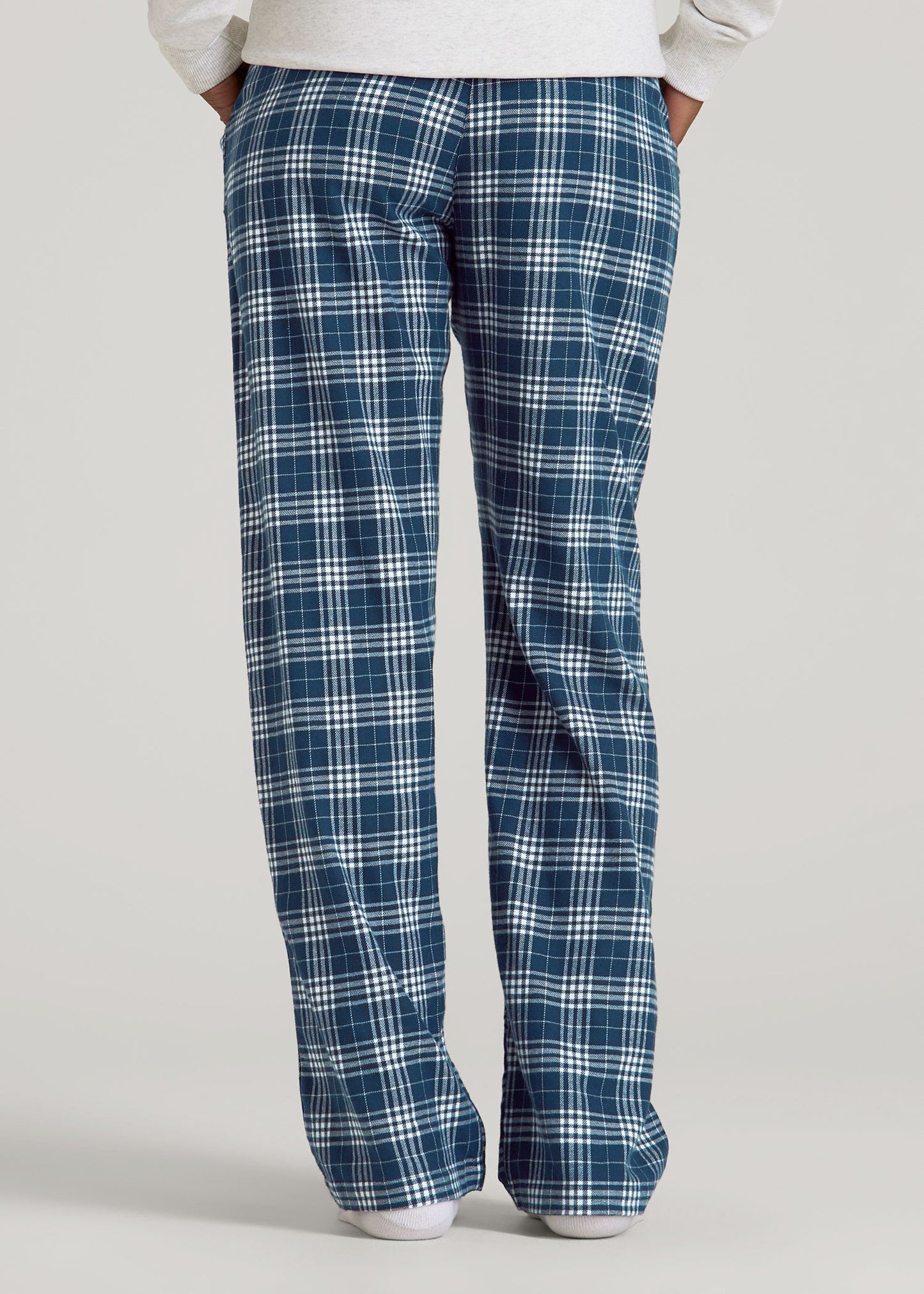 American Tall Women Tie Waist Flannel Pajama Pants for Tall Women in Navy and White Plaid