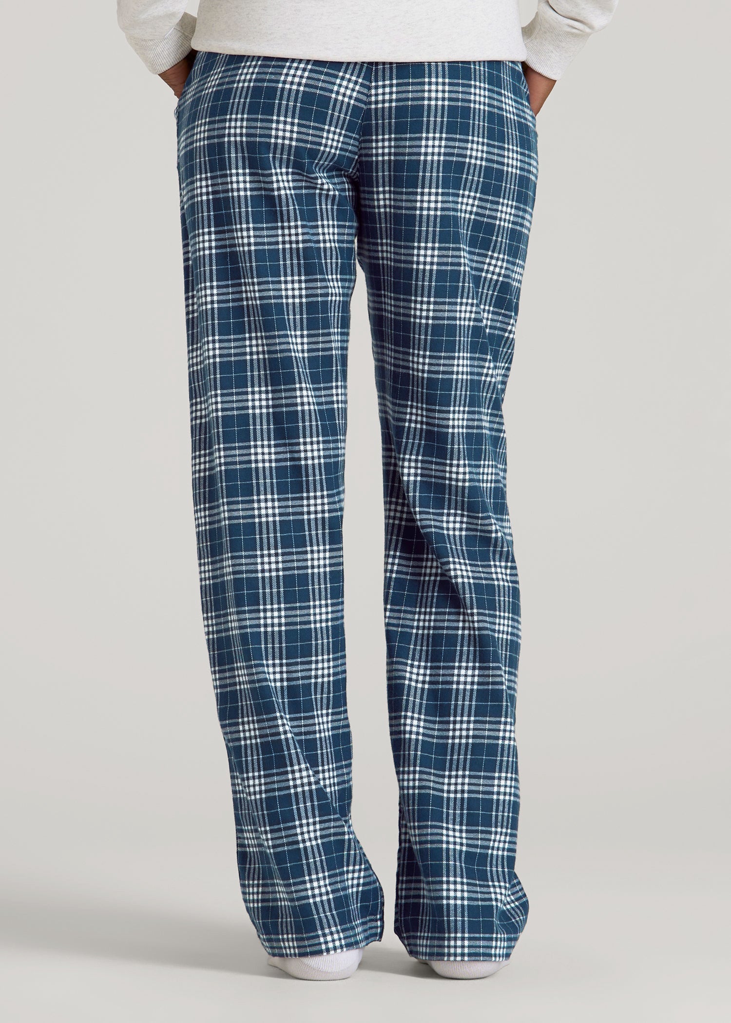American Tall Women Tie Waist Flannel Pajama Pants for Tall Women in Navy and White Plaid