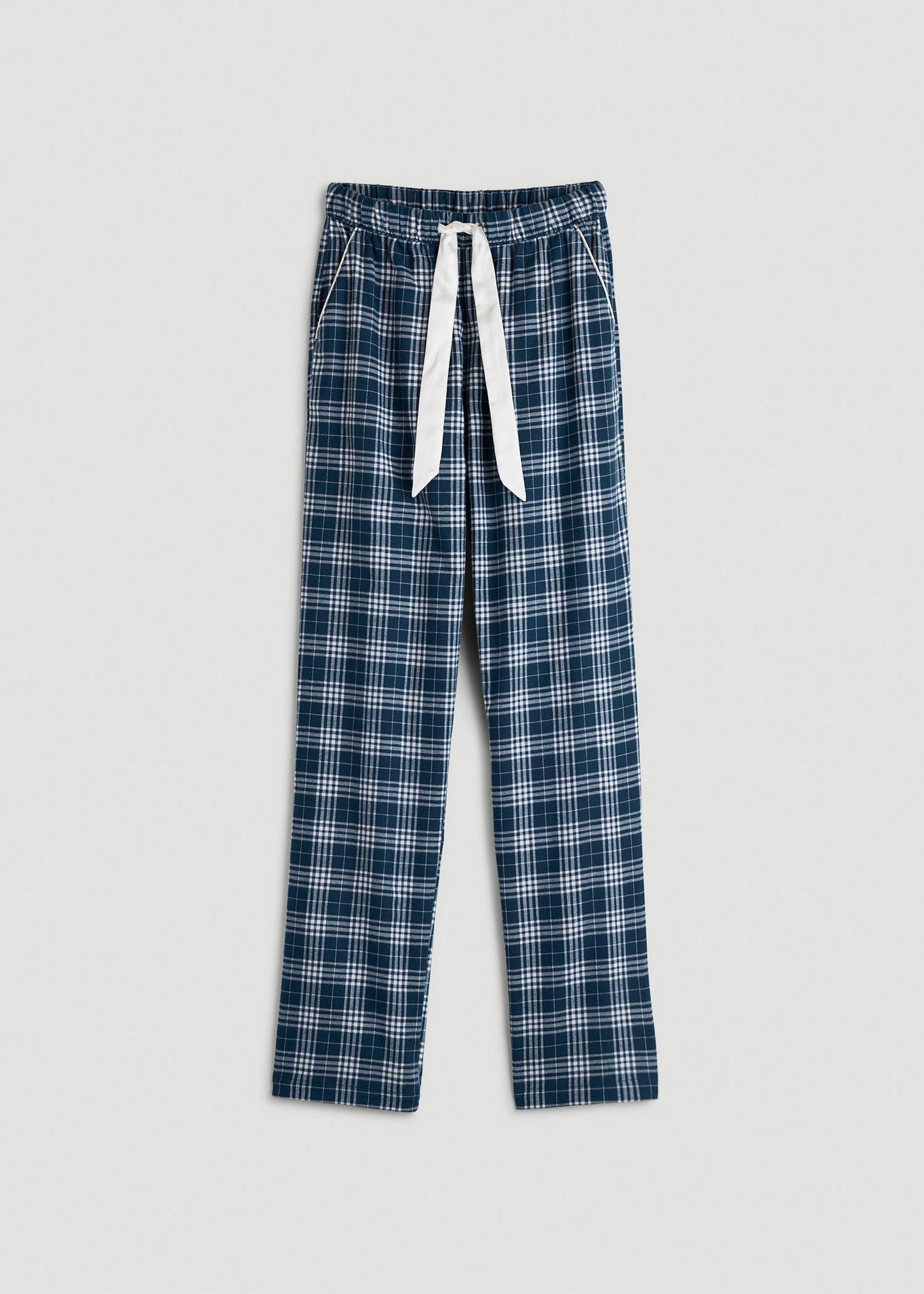 American Tall Women Tie Waist Flannel Pajama Pants for Tall Women in Navy and White Plaid