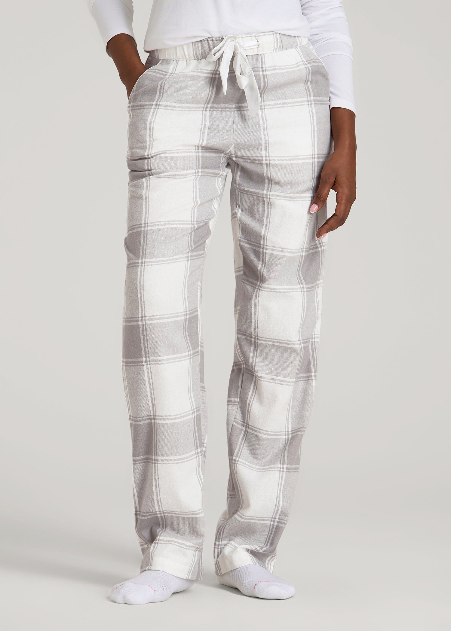 American Tall Women Tie-Waist Flannel Pajama Pants for Tall Women in White and Grey Plaid