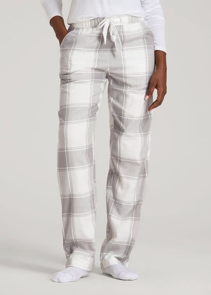 American Tall Women Tie-Waist Flannel Pajama Pants for Tall Women in White and Grey Plaid
