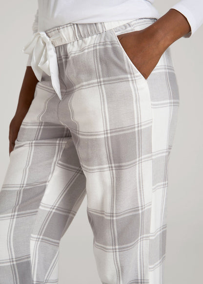 American Tall Women Tie-Waist Flannel Pajama Pants for Tall Women in White and Grey Plaid