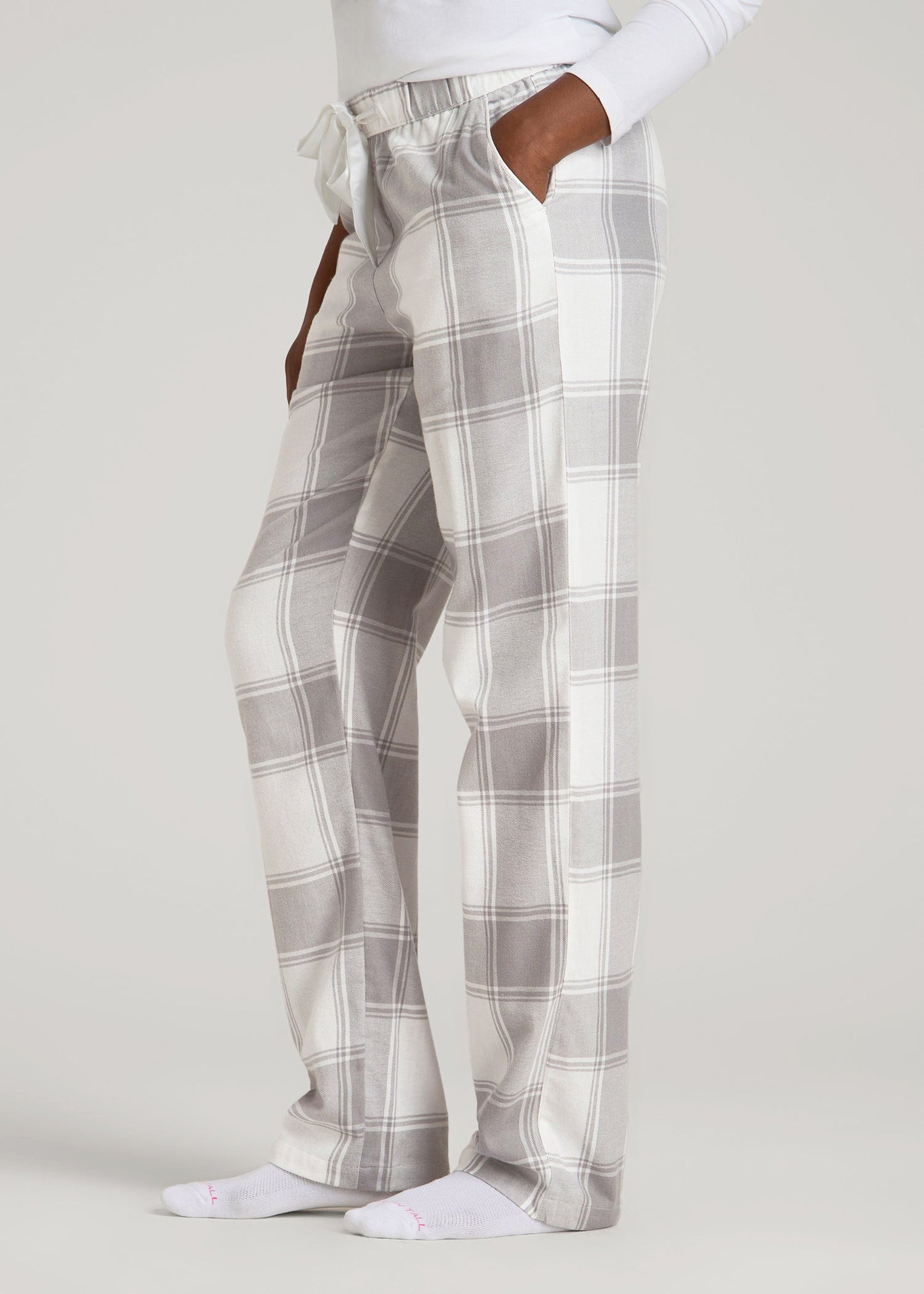 American Tall Women Tie-Waist Flannel Pajama Pants for Tall Women in White and Grey Plaid