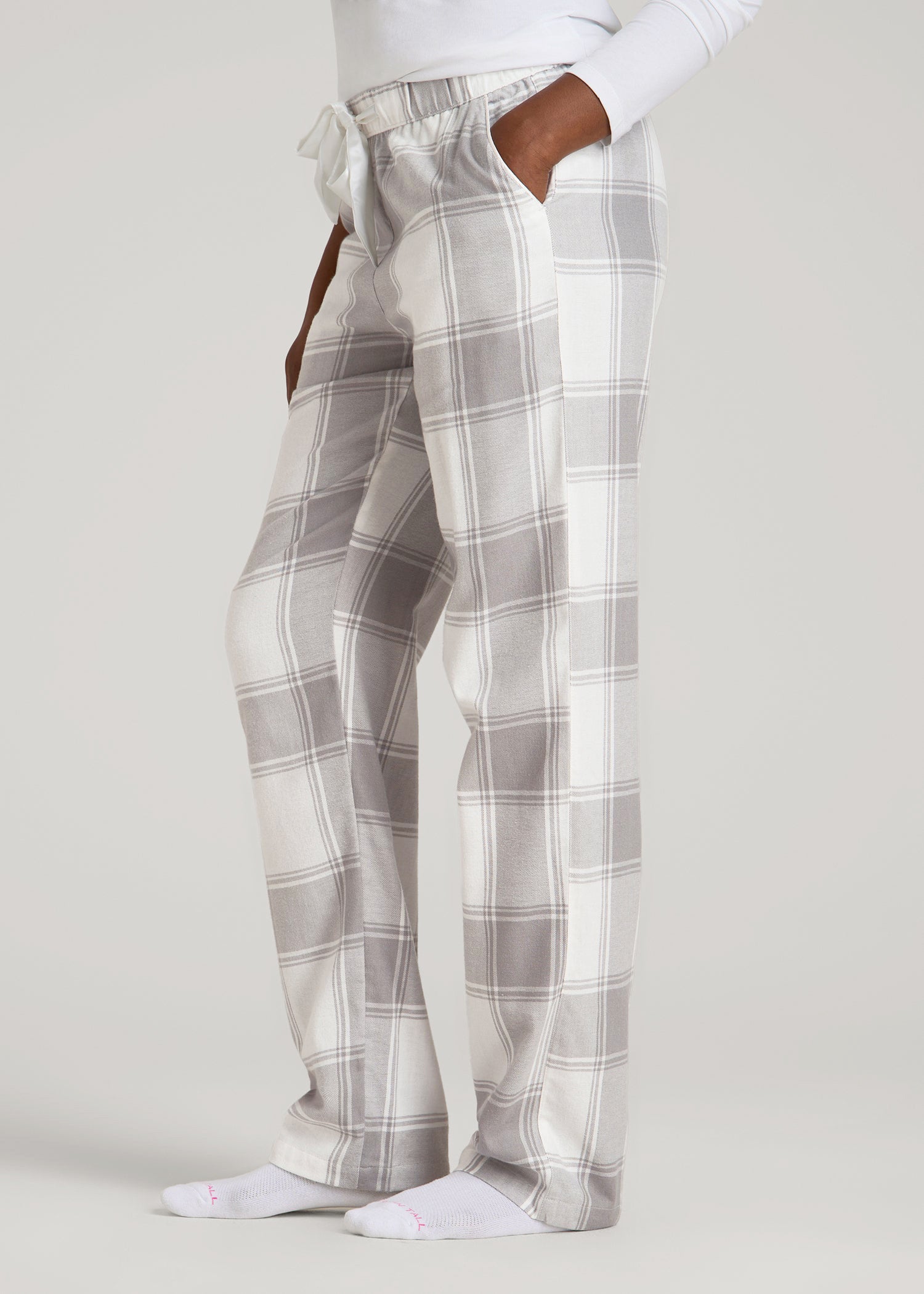 American Tall Women Tie-Waist Flannel Pajama Pants for Tall Women in White and Grey Plaid