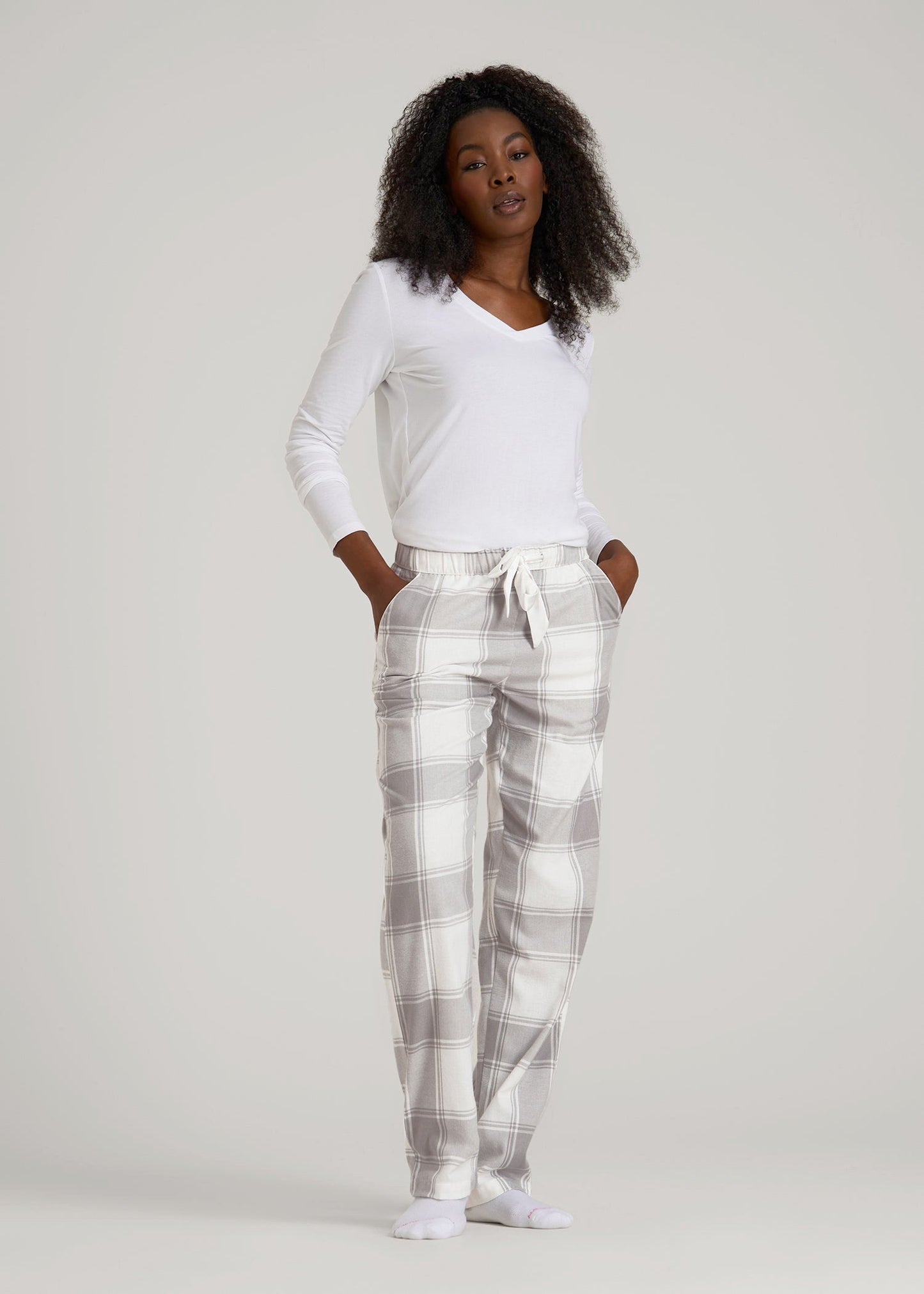 American Tall Women Tie-Waist Flannel Pajama Pants for Tall Women in White and Grey Plaid