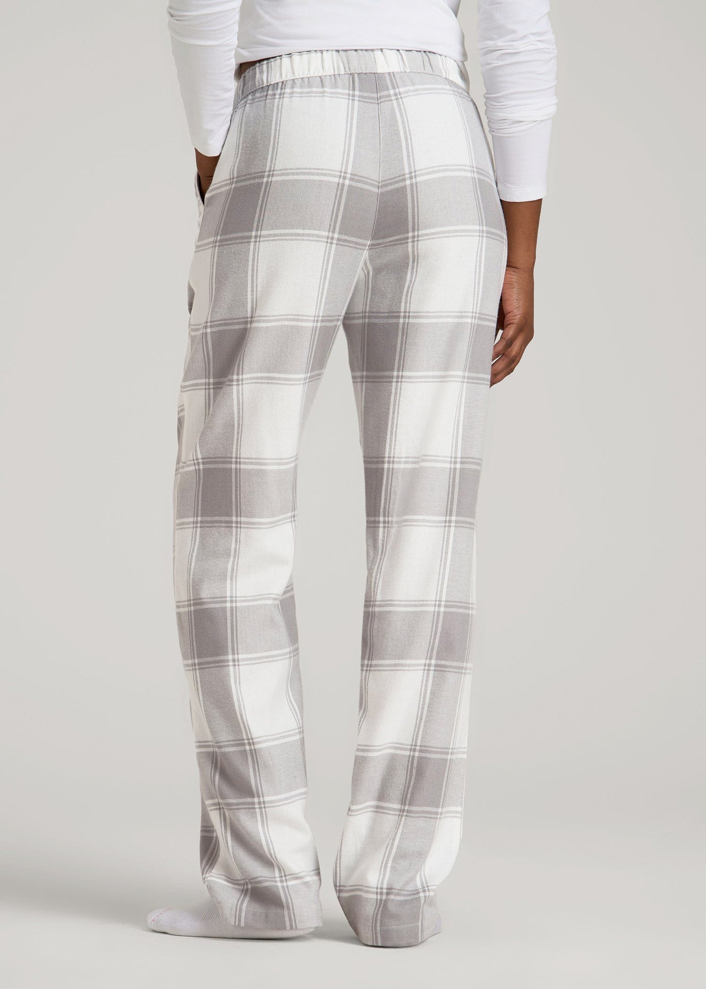 American Tall Women Tie-Waist Flannel Pajama Pants for Tall Women in White and Grey Plaid