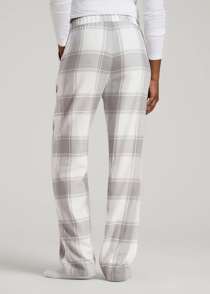 American Tall Women Tie-Waist Flannel Pajama Pants for Tall Women in White and Grey Plaid