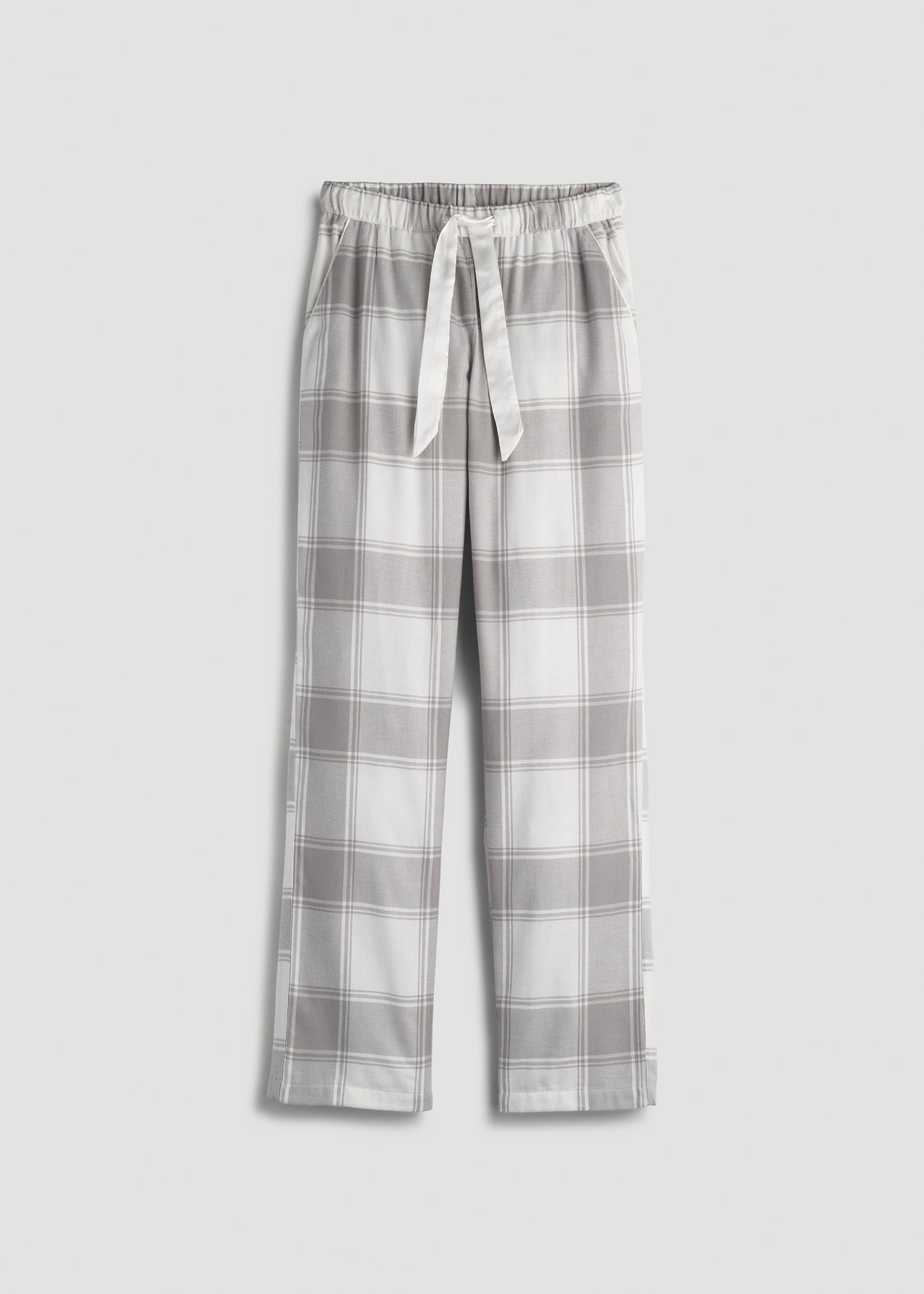 American Tall Women Tie-Waist Flannel Pajama Pants for Tall Women in White and Grey Plaid