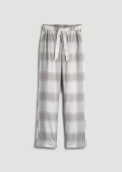 American Tall Women Tie-Waist Flannel Pajama Pants for Tall Women in White and Grey Plaid