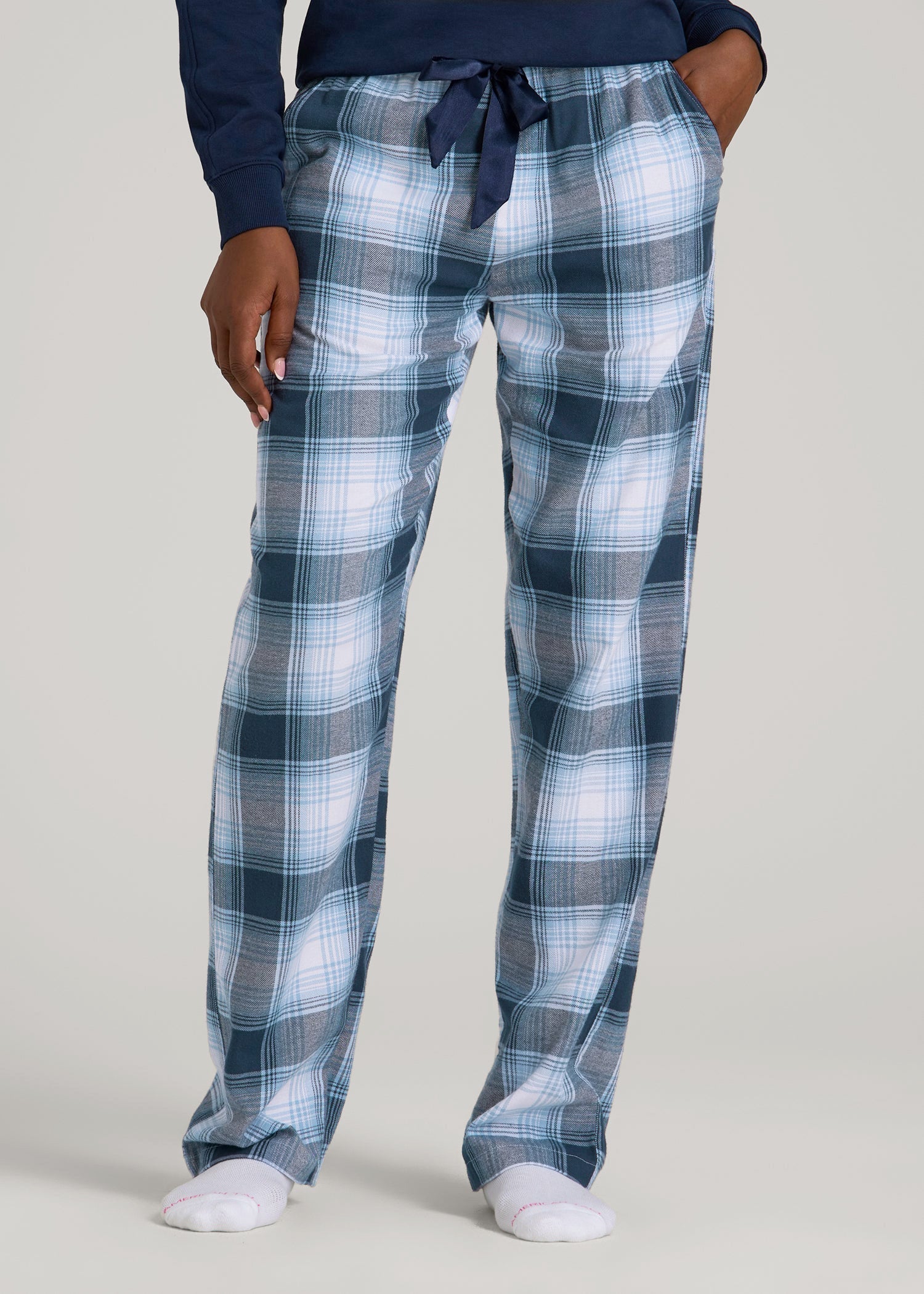 American Tall Women Tie Waist Flannel Pajama Pants for Tall Women in Blue and White Plaid