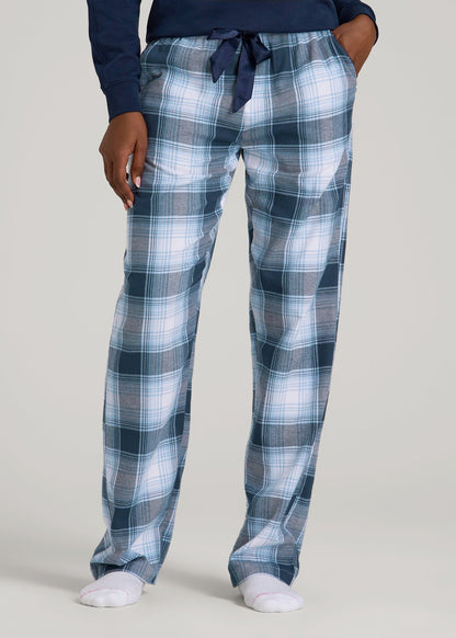 American Tall Women Tie Waist Flannel Pajama Pants for Tall Women in Blue and White Plaid